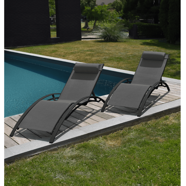 LOT DE 2 TRANSAT ALUMINIUM ET TEXTILENE NOIR ET DESIGN