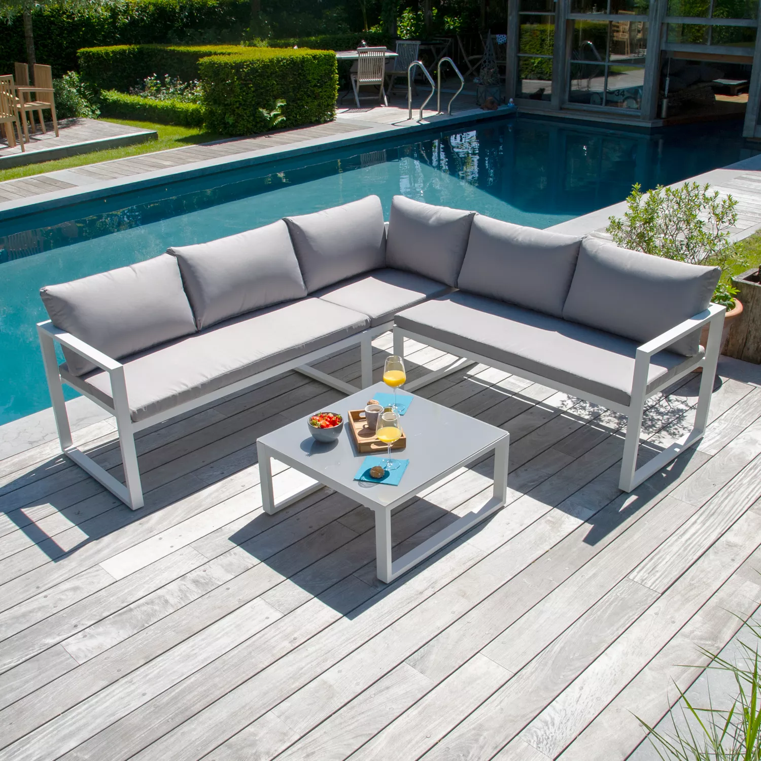 Salon de jardin modulable IBIZA en tissu gris 4 places - aluminium blanc