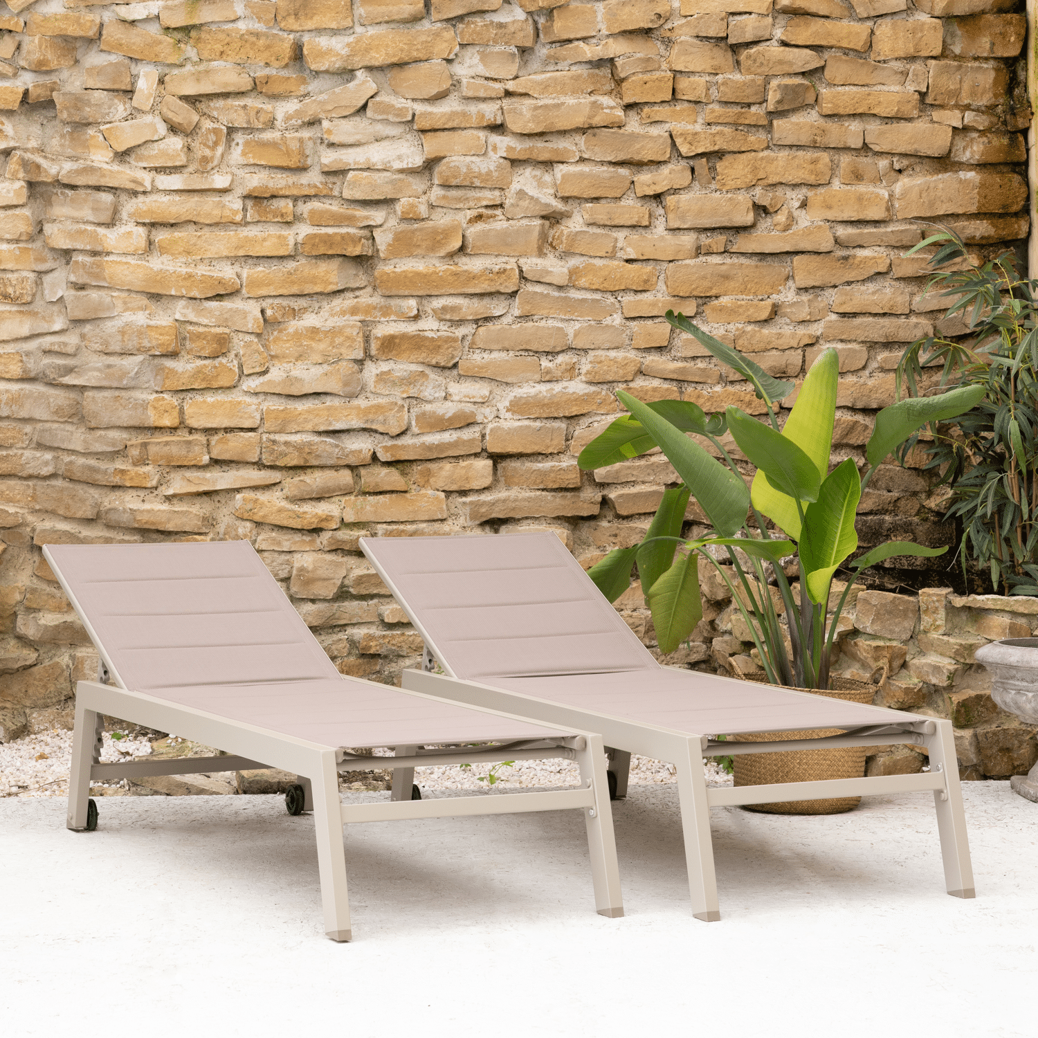 Lot de 2 bains de soleil BARBADOS en textilène taupe - aluminium taupe