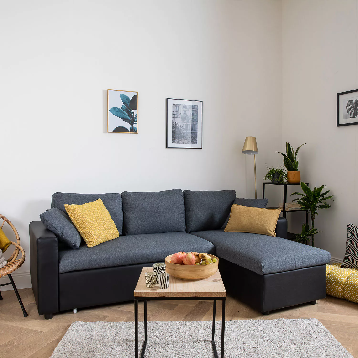 Canapé d'angle convertible CLARK 3 places gris chiné et noir