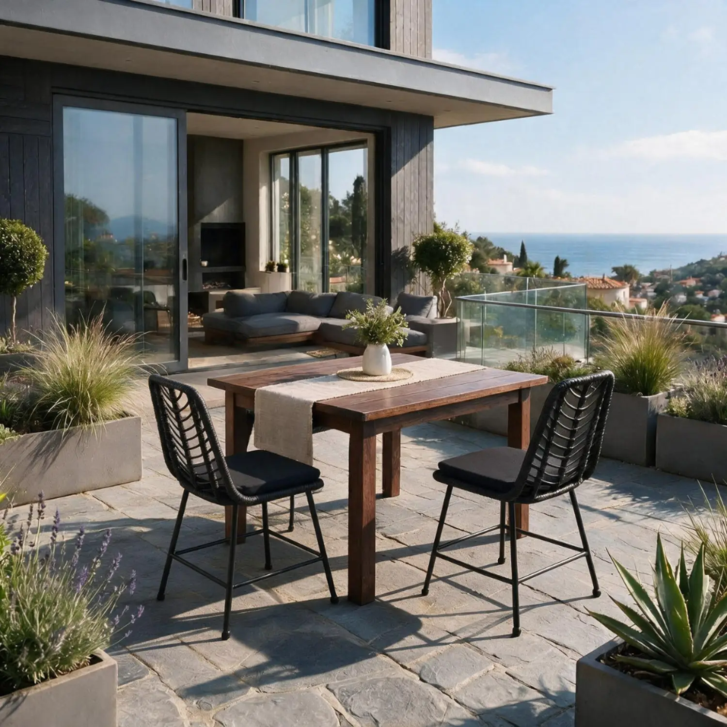 Lot de 2 chaises en rotin synthétique noires avec coussins