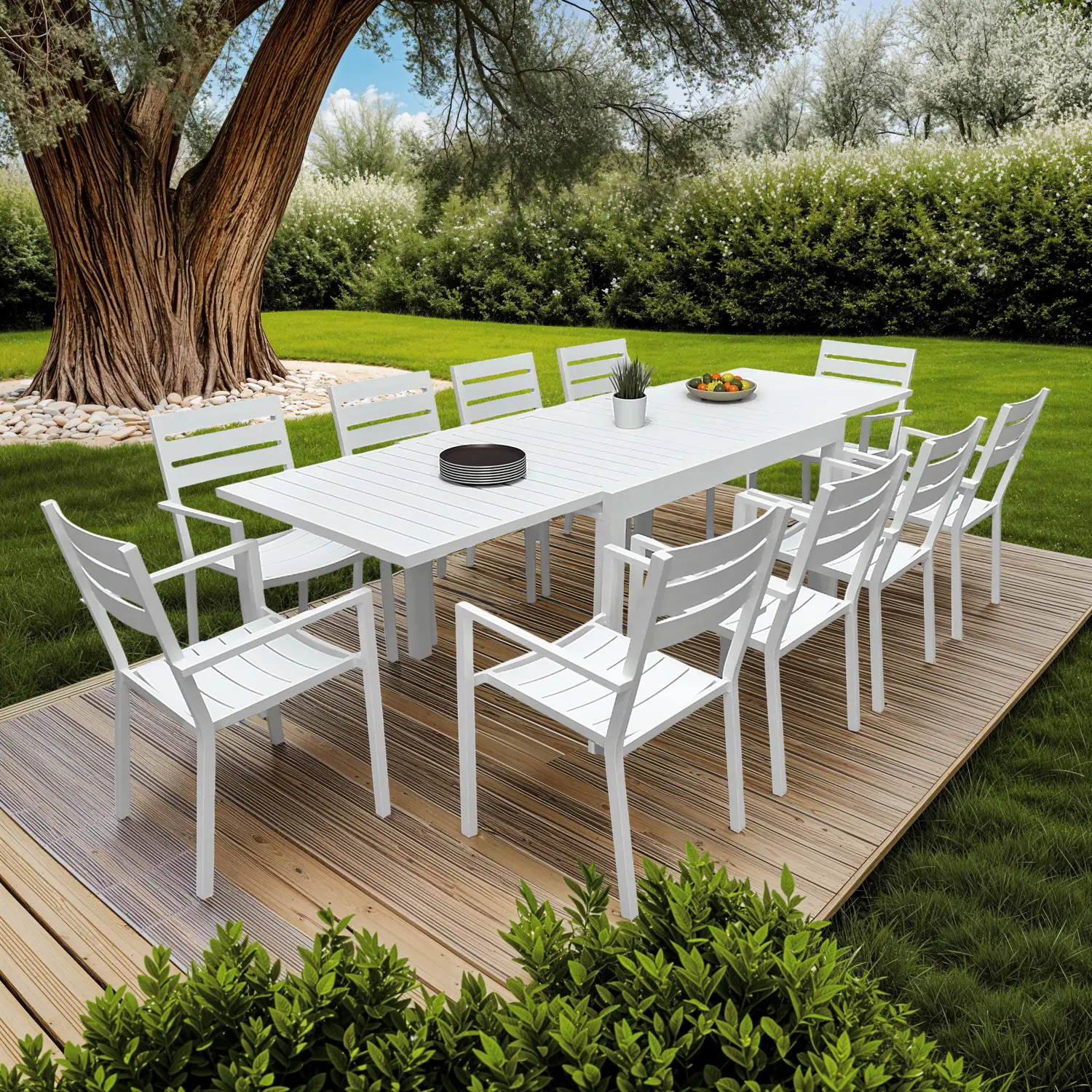 Salon de jardin extensible 132/264 en aluminium blanc - 10 places