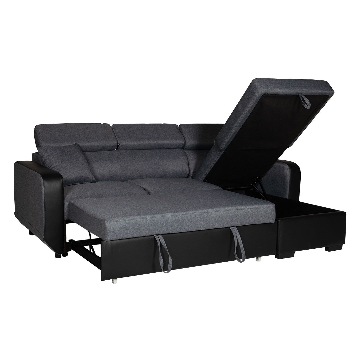 Canapé D'angle Convertible WARREN 3 Places Avec Méridienne - Tissu Gris Chiné Et Simili Noir - Coffre De Rangement Et Appui-tête Réglable