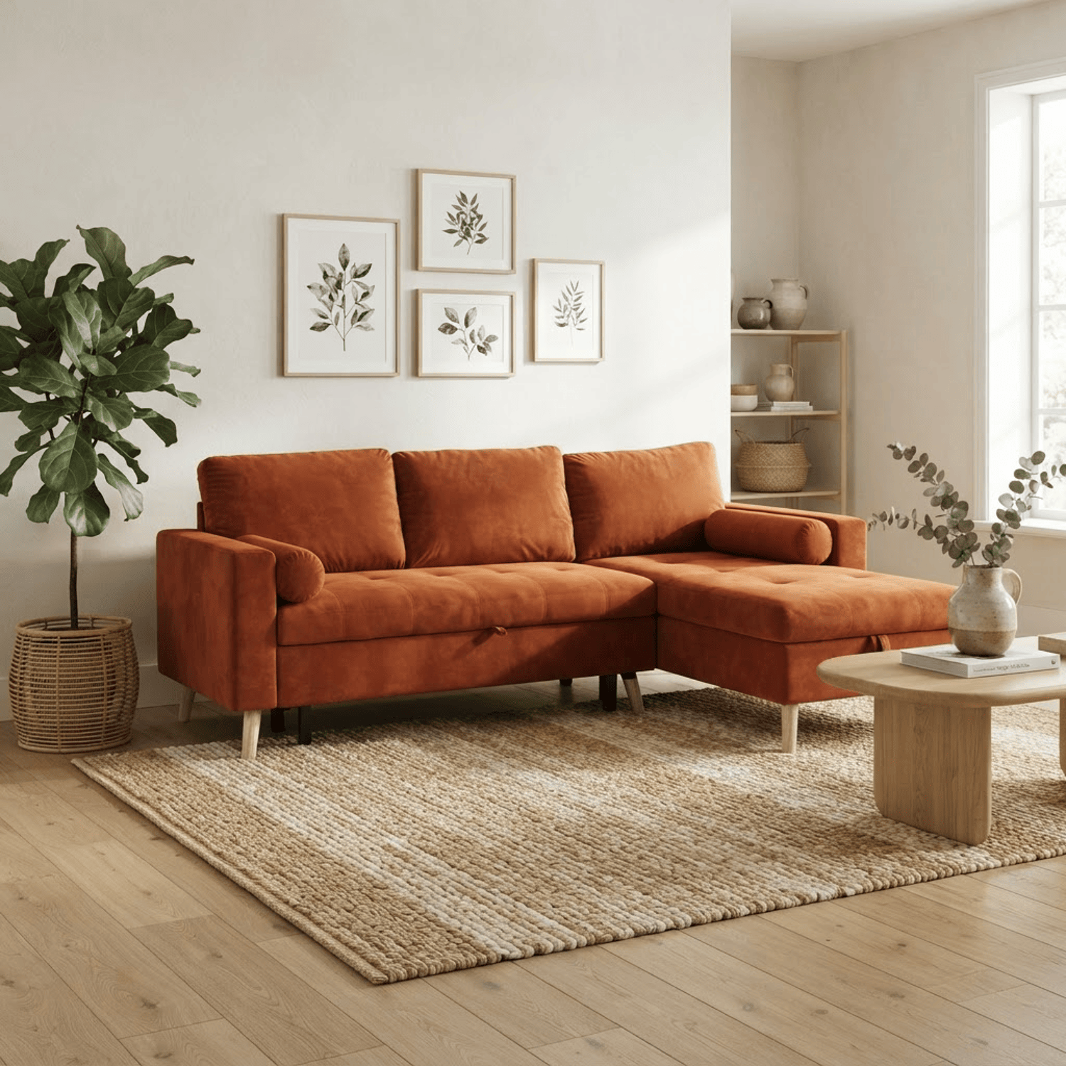 Canapé d'angle convertible 3 places en velours terracotta