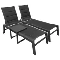 Set 2 bains de soleil et table d'appoint en textilène noir - aluminium gris anthracite