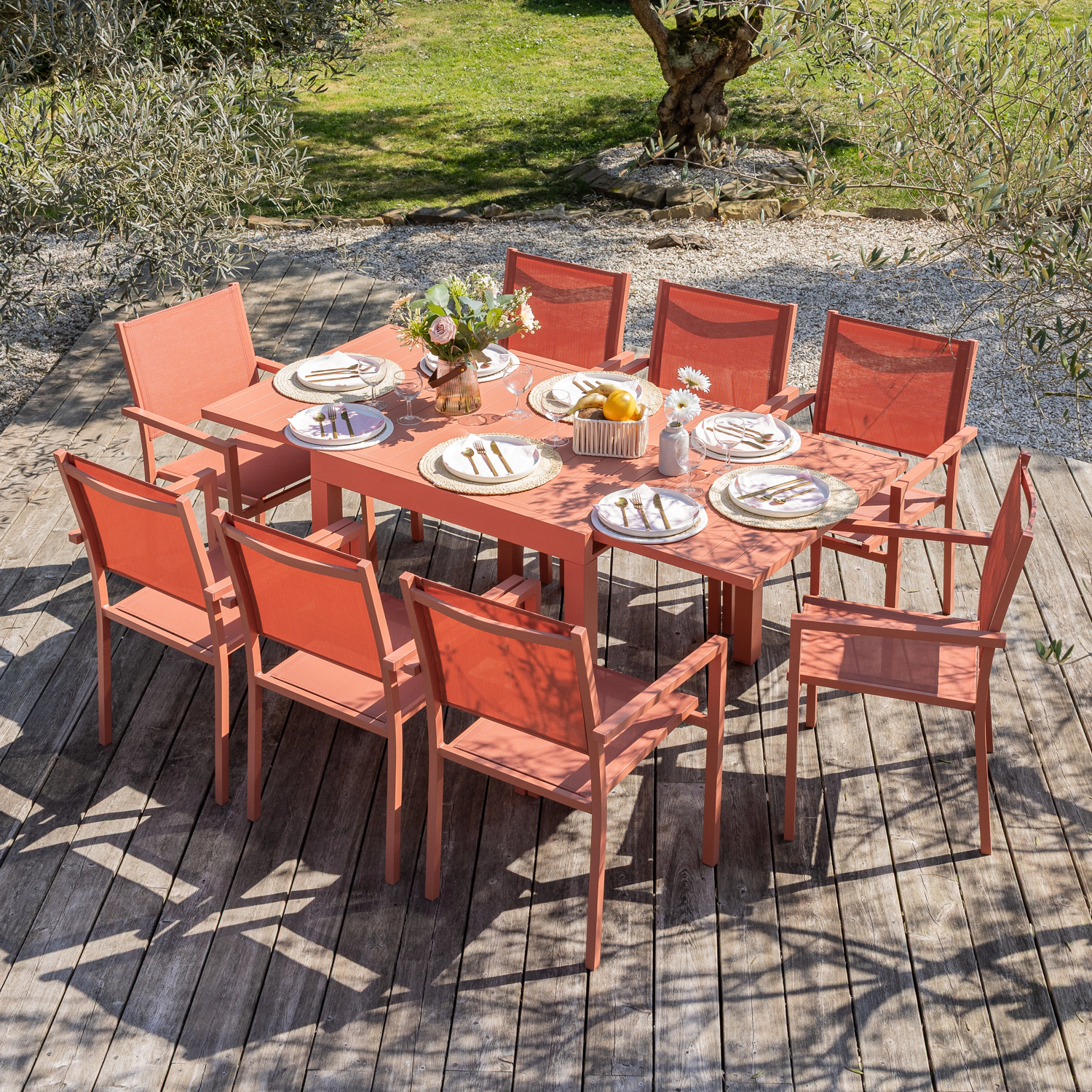 Conjunto de mobiliário de jardim extensível VENEZIA 90/180 em terracota textilene 8 lugares - terracota alumínio