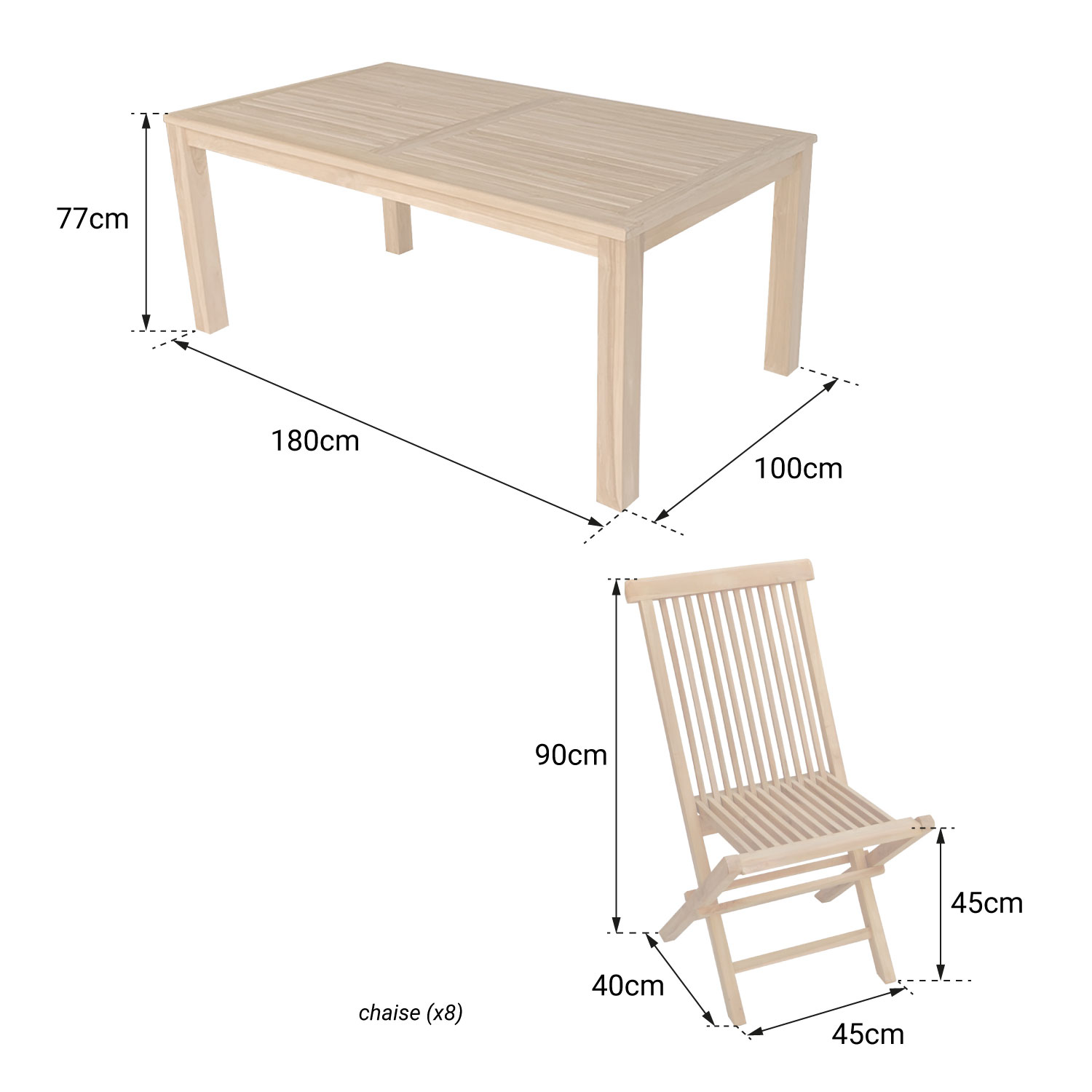 Teakholz-Gartenmöbel JAVA - rechteckiger Tisch und Klappstühle - 8 Plätze