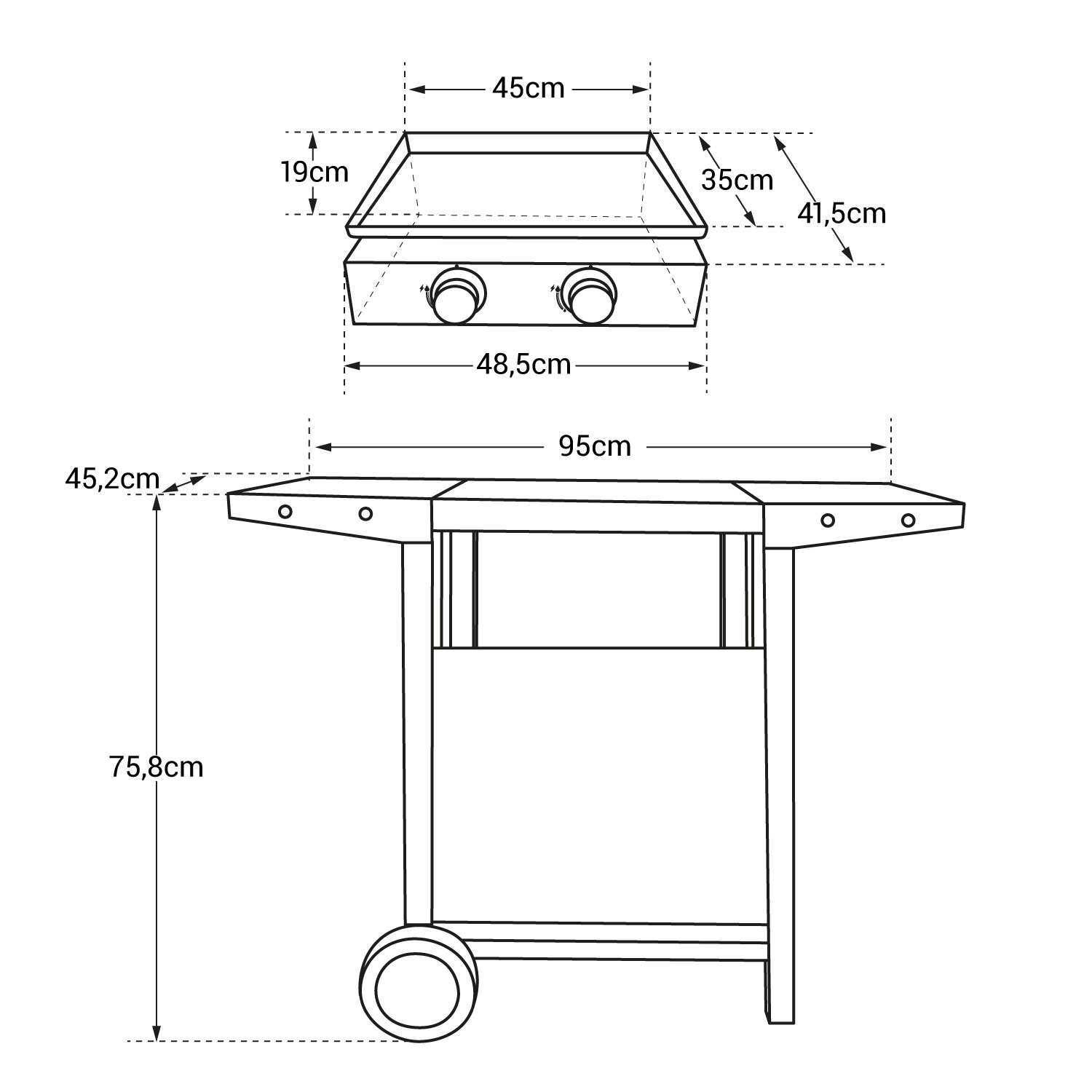 Plancha au gaz MÉRIDA 2 brûleurs + chariot