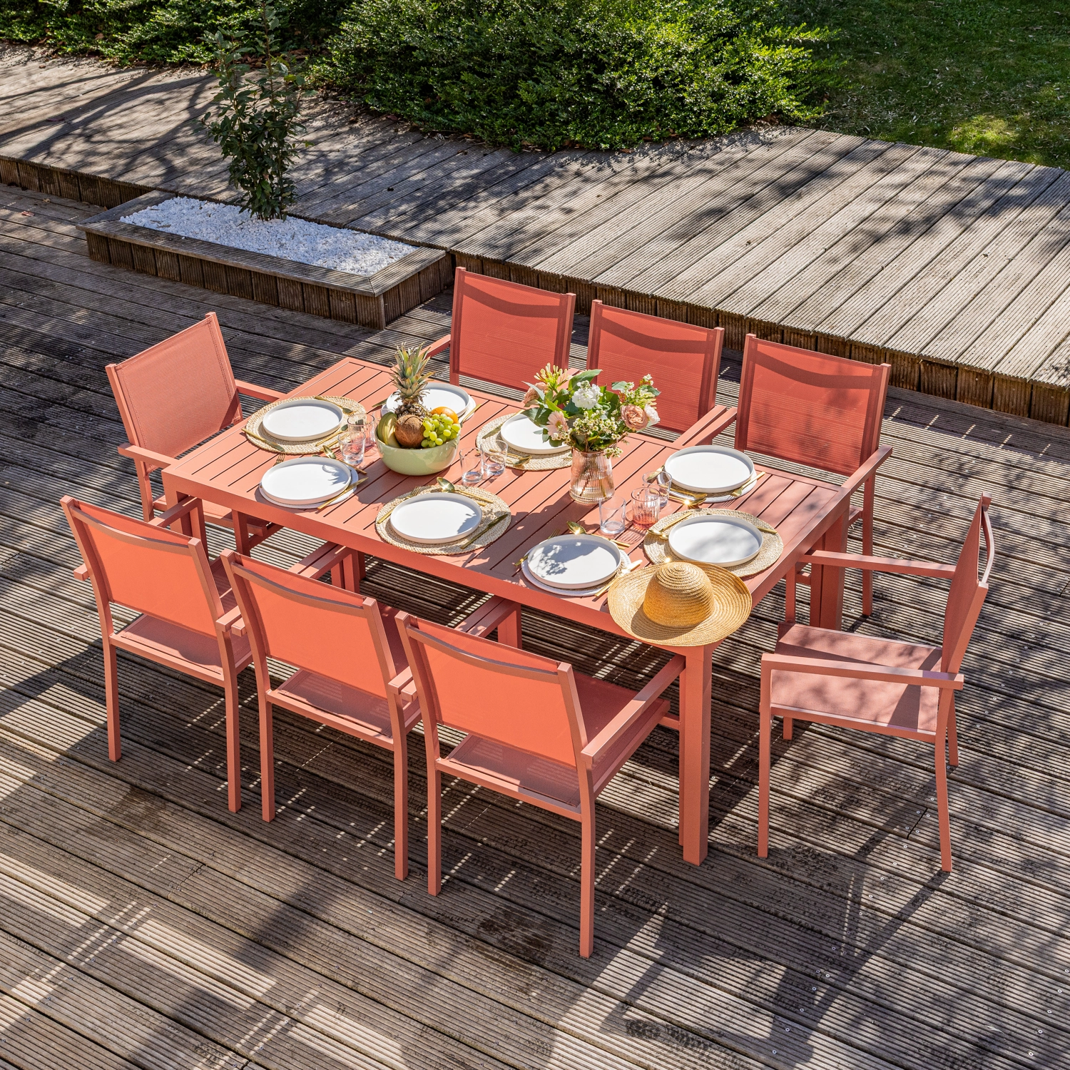 Salon de jardin BARI en textilène terracotta 8 places - aluminium terracotta