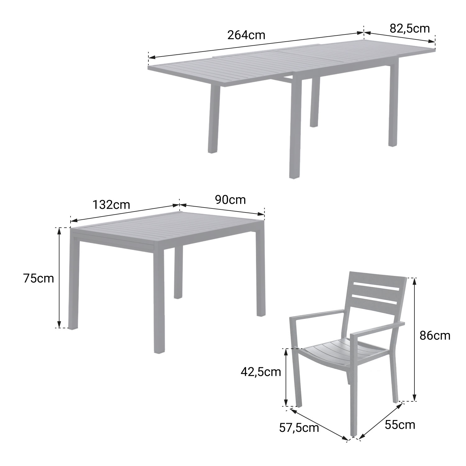 VENEZIA uitschuifbare tuinset 132/264 in antraciet aluminium - 10 zitplaatsen