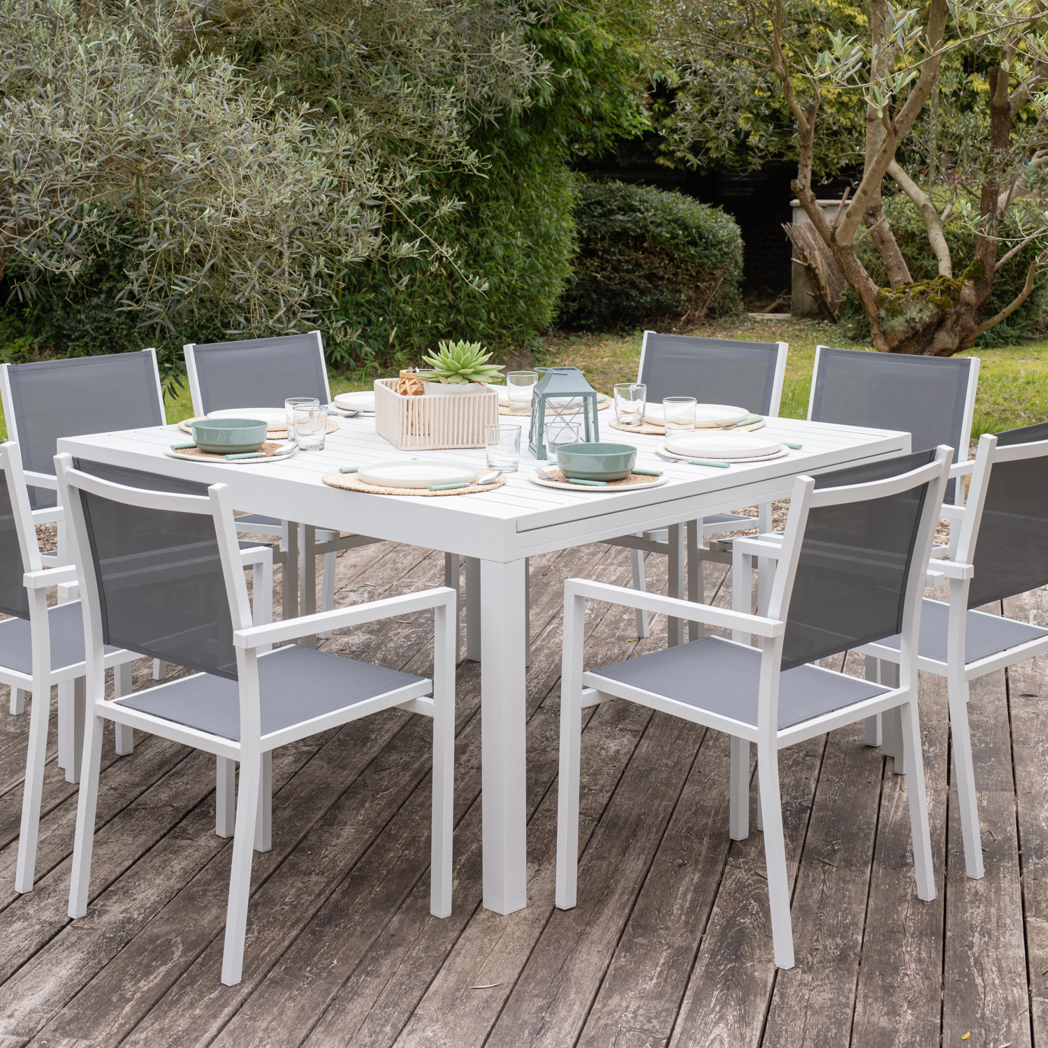 VENEZIA set di mobili da giardino estensibili in textilene grigio 140/200 - alluminio bianco