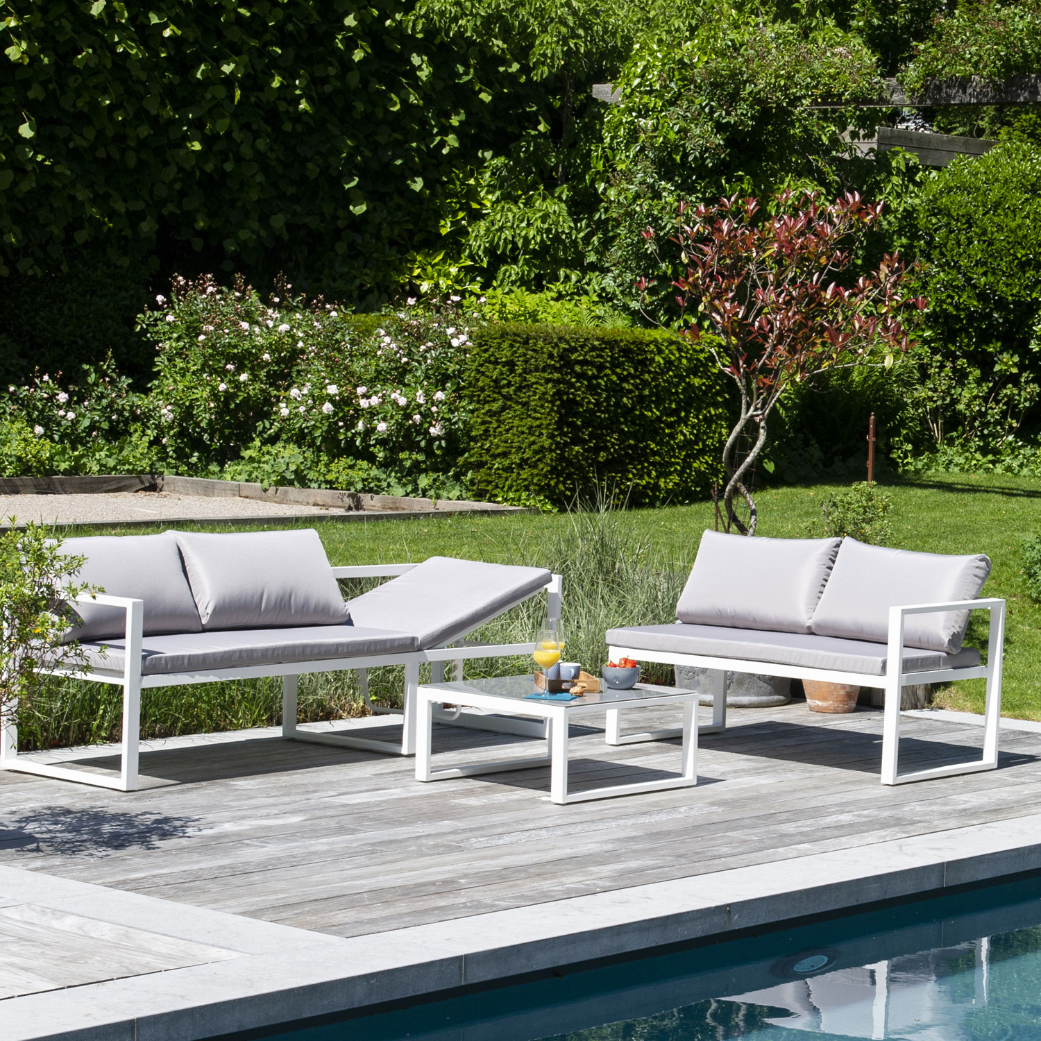 Salon de jardin modulable IBIZA en tissu gris 4 places - aluminium blanc