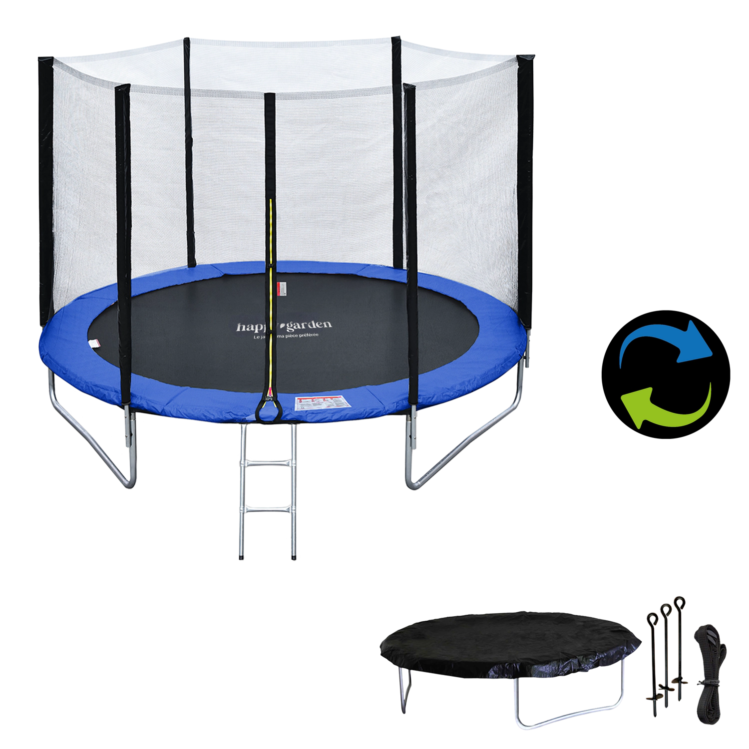 Pack Premium Trampoline 180cm réversible bleu / vert CAIRNS + filet, échelle, bâche et kit d'ancrage