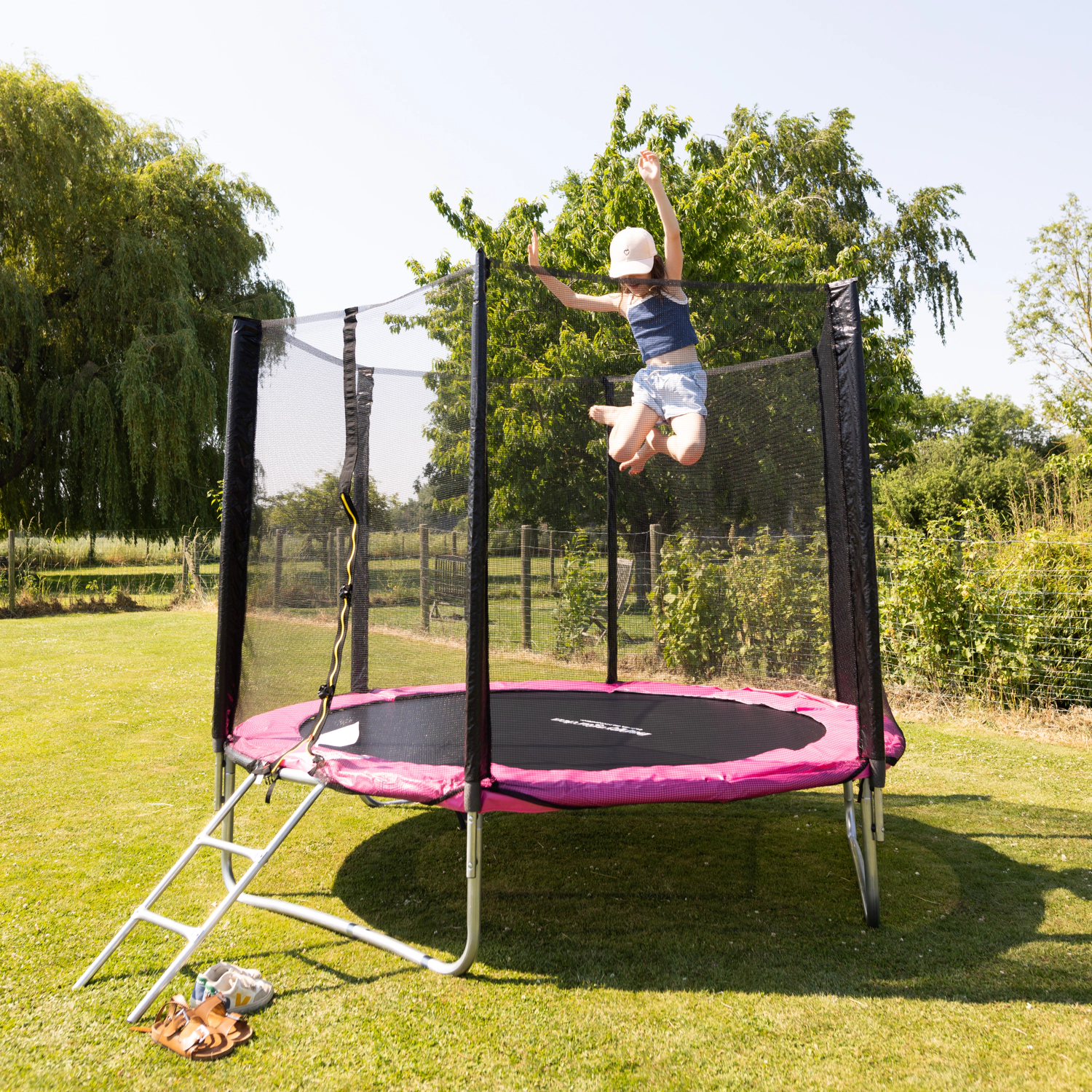 Pacote Premium Trampolim 245cm reversível rosa / cinzento CANBERRA + rede, escada, cobertura e kit de ancoragem
