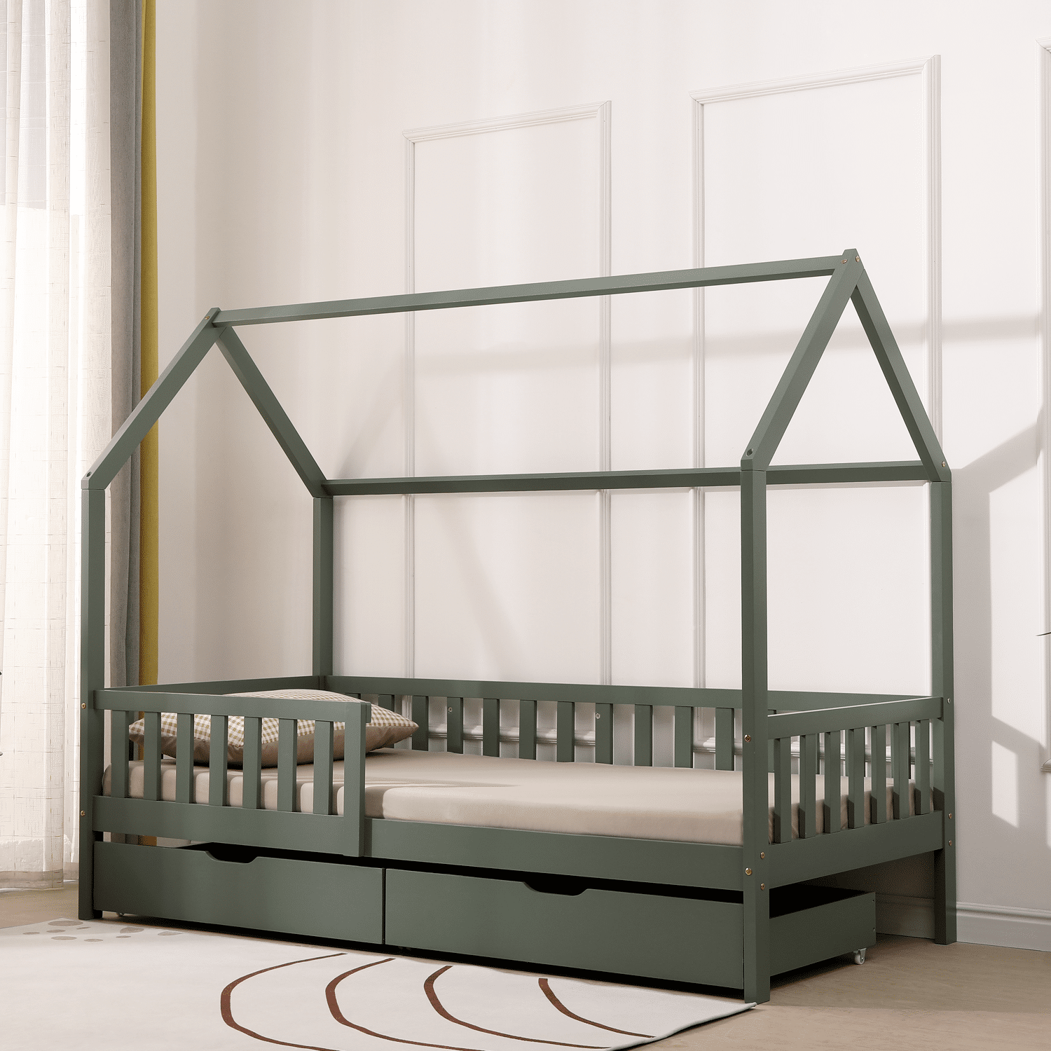Lit cabane pour enfant 190x90cm vert avec tiroirs MARCEAU