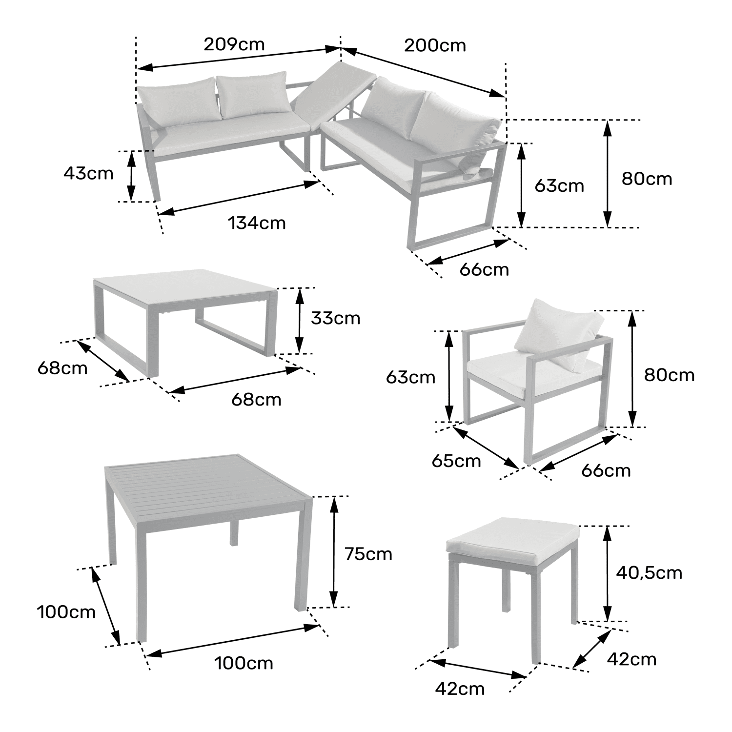 Salon de jardin modulable IBIZA en tissu gris 7 places - aluminium anthracite