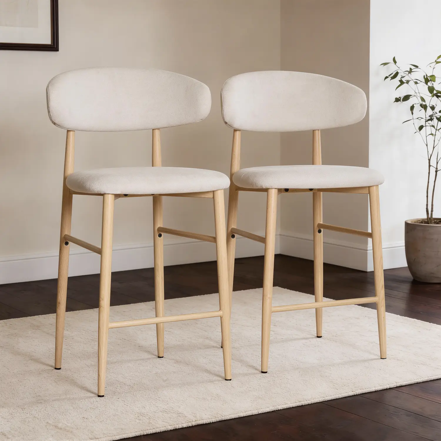 Pack de 2 taburetes de bar de metal efecto beige y madera clara