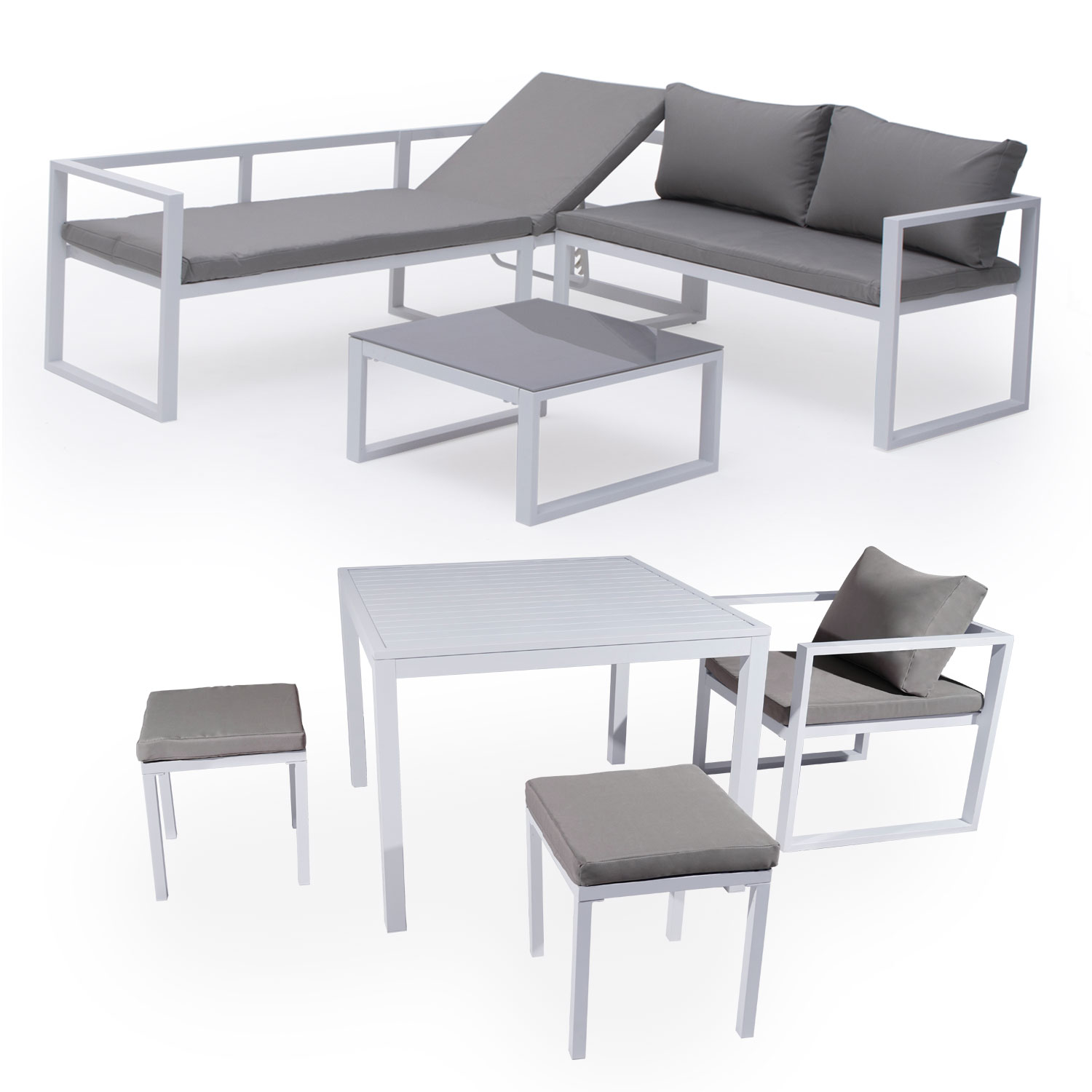 Conjunto de mobiliário modular de jardim IBIZA em tecido cinzento para 7 pessoas - alumínio branco