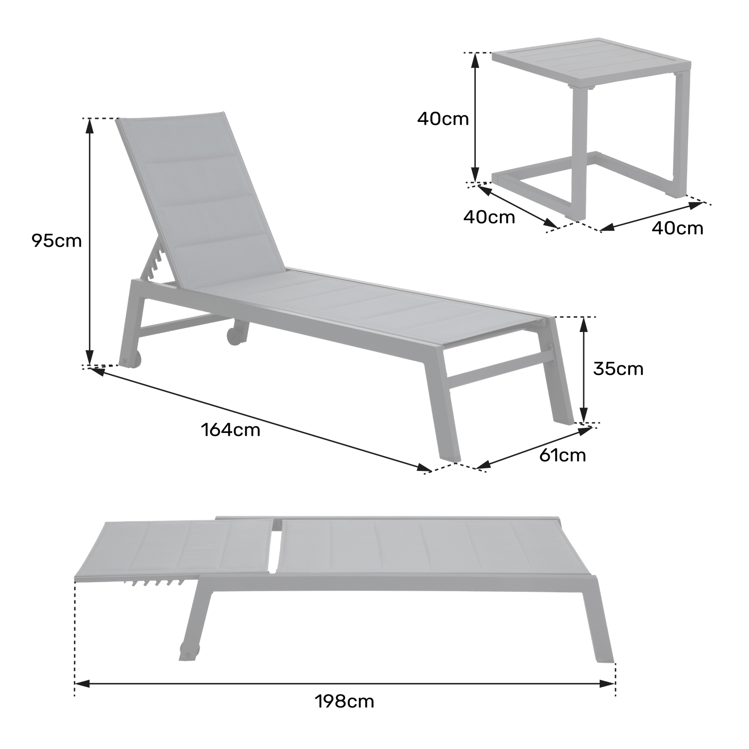 BARBADOS ligstoel en bijzettafel in grijs textilene - wit aluminium