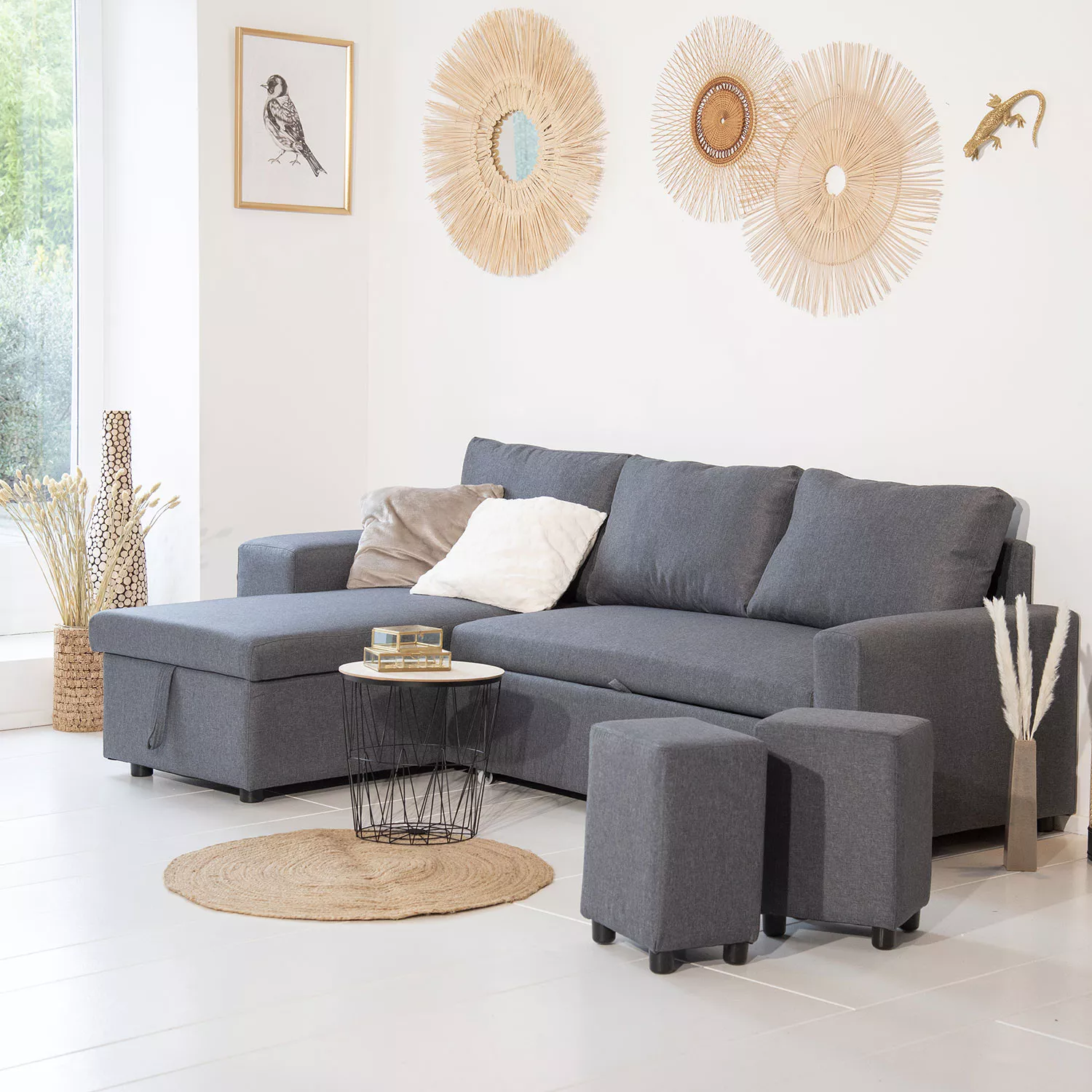 Canapé d'angle convertible TONY 3 places gris chiné