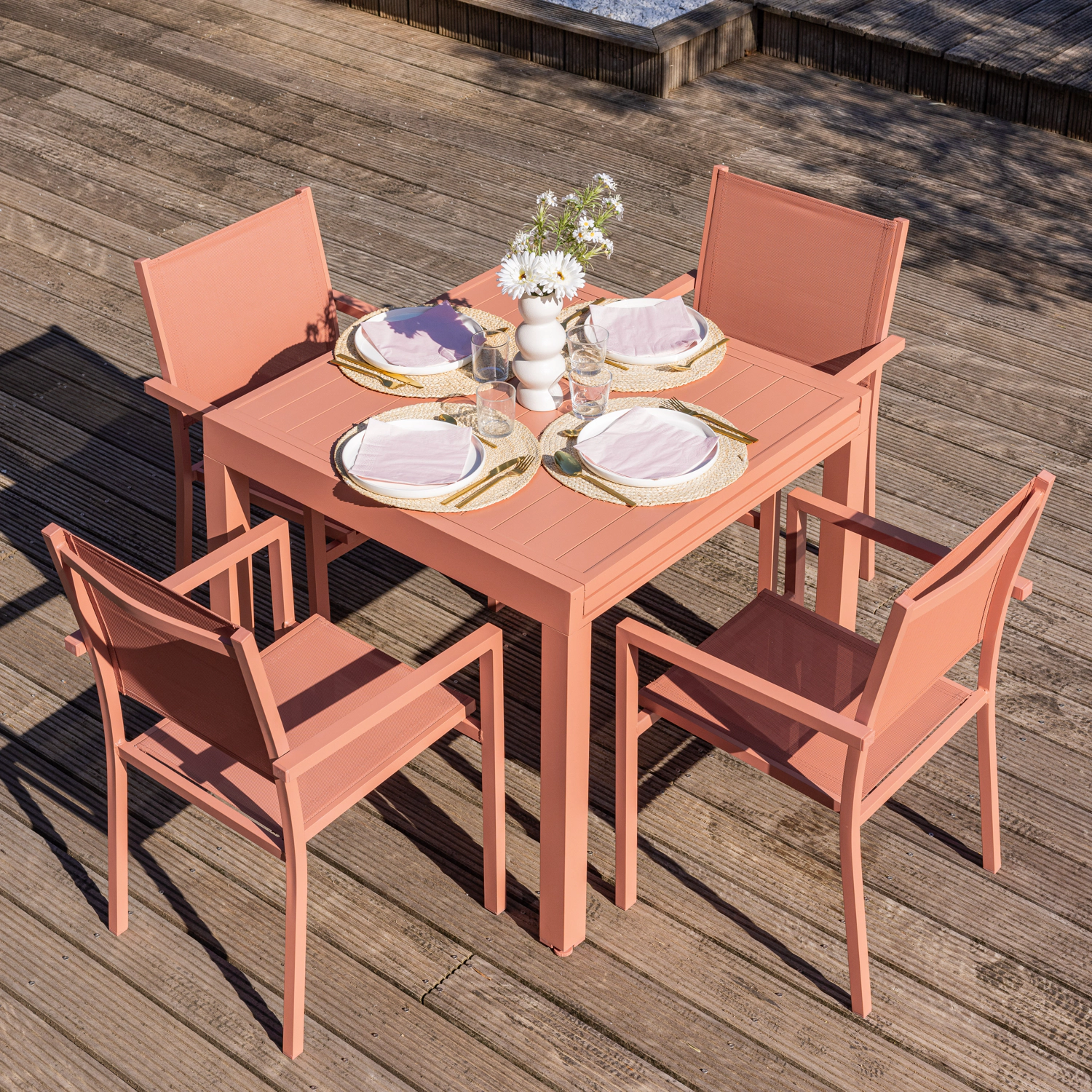 Conjunto de mobiliário de jardim extensível VENEZIA 90/180 em terracota textilene 8 lugares - terracota alumínio