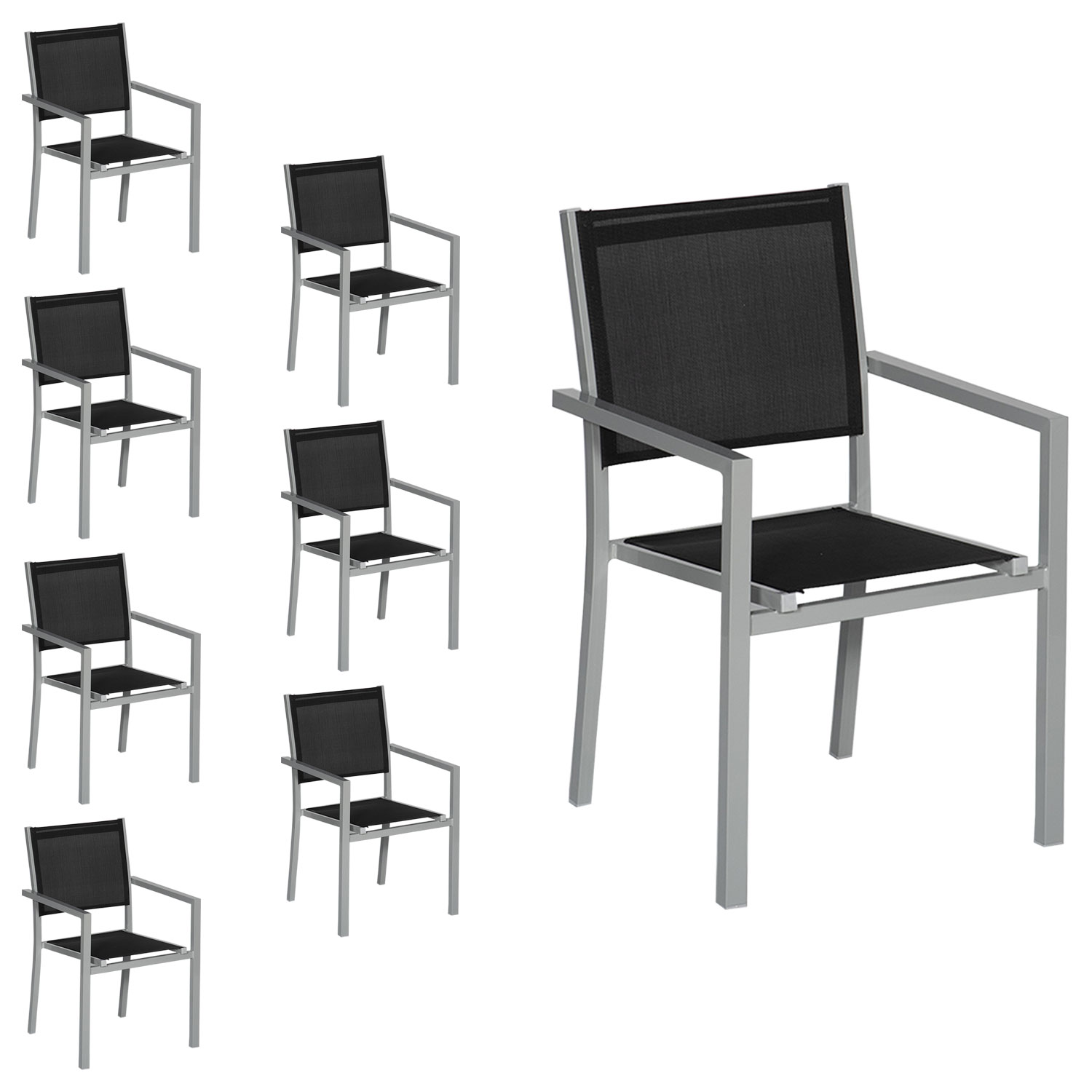 Set van 8 grijze aluminium stoelen - zwart textilene