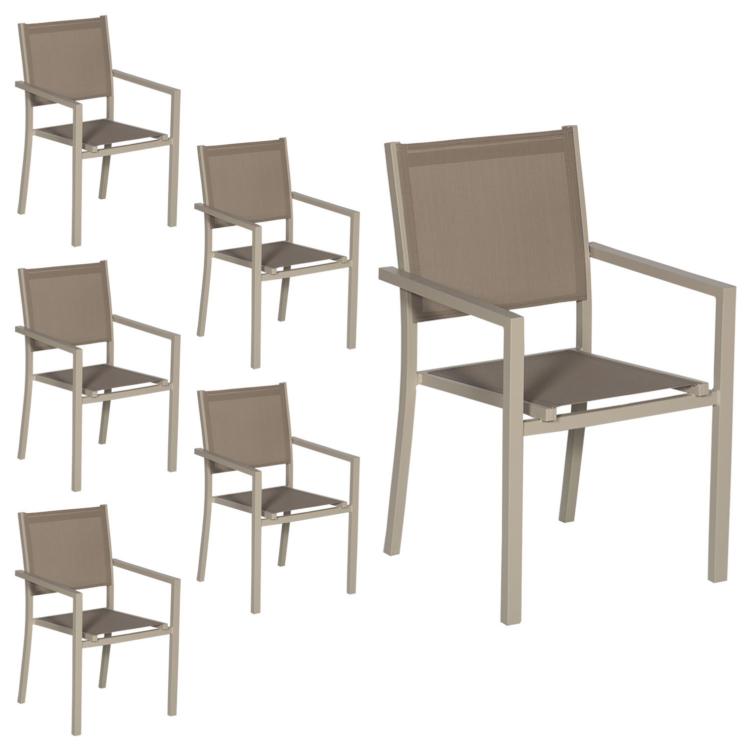 Lot de 6 chaises en aluminium taupe - textilène taupe