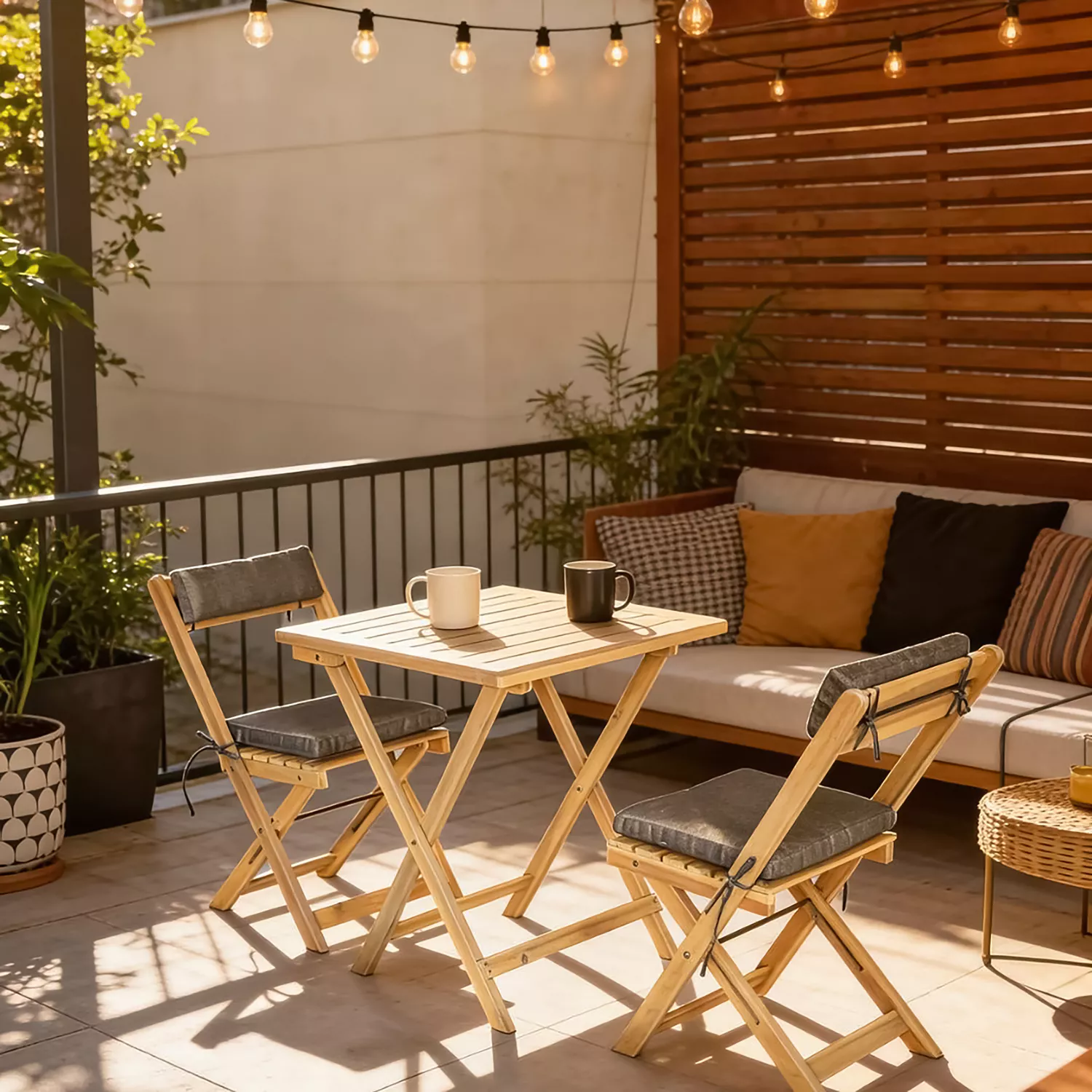 Set da tavolo e sedie per 2 posti in acacia e cuscini grigi BENAGIL