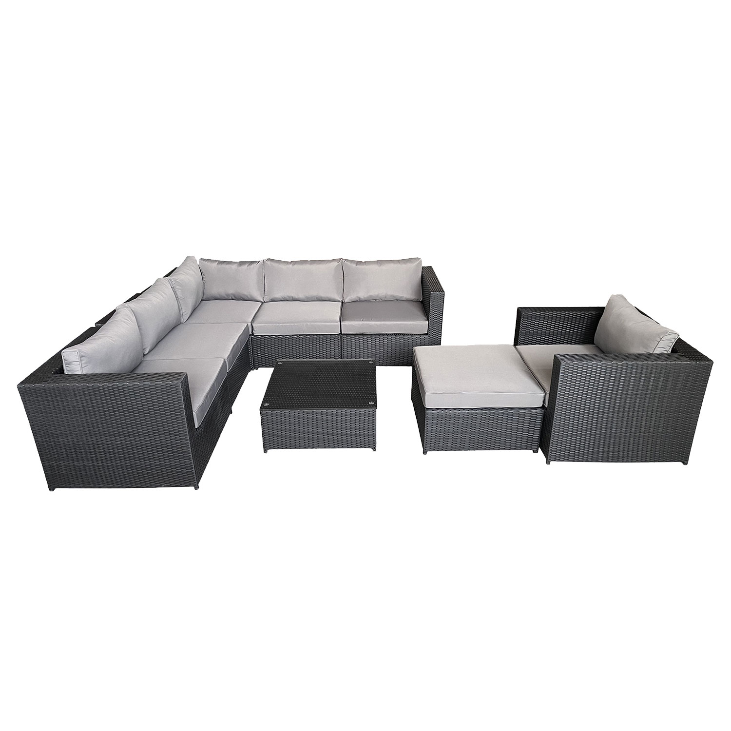 Set di mobili da giardino CARGÈSE in resina intrecciata nera, 7 posti a sedere - cuscini grigi