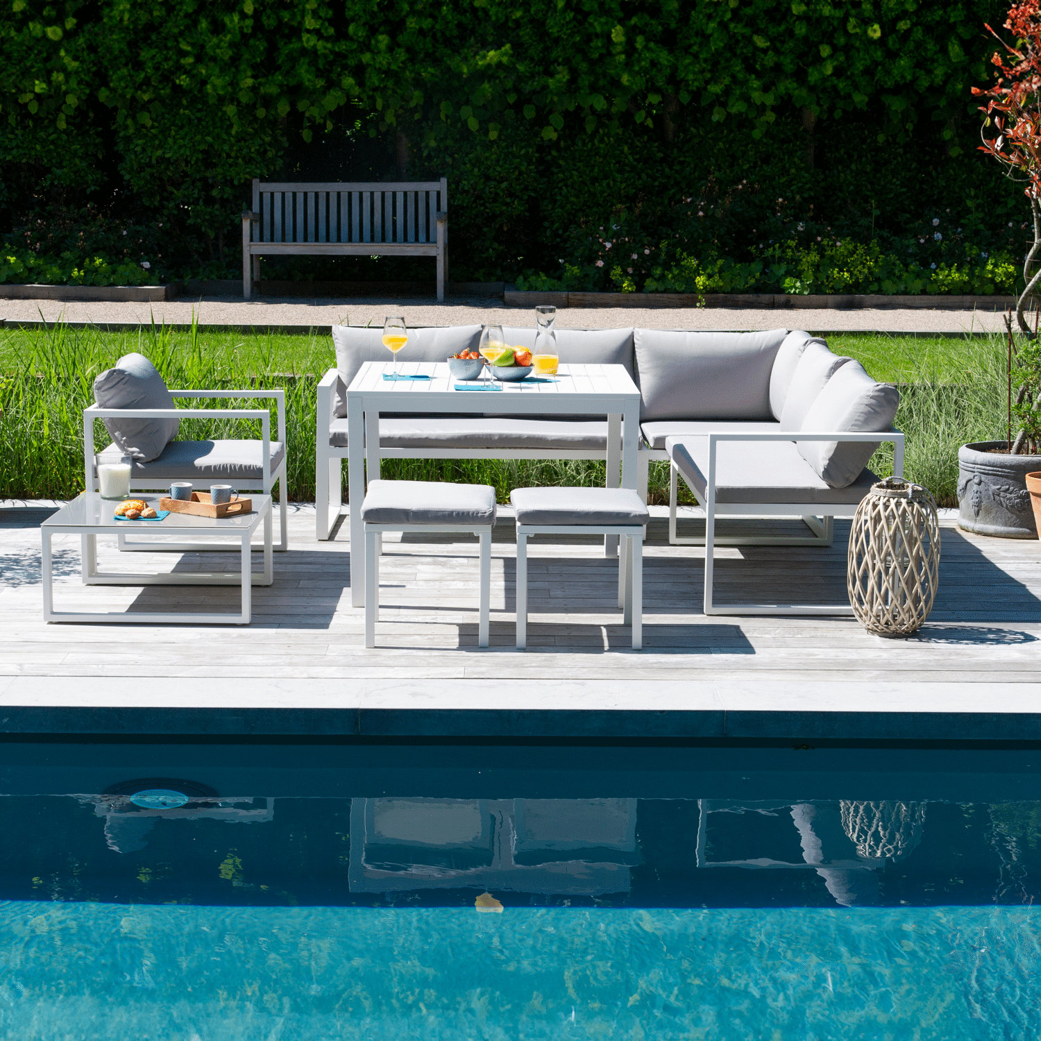 Salon de jardin modulable IBIZA en tissu gris 7 places - aluminium blanc