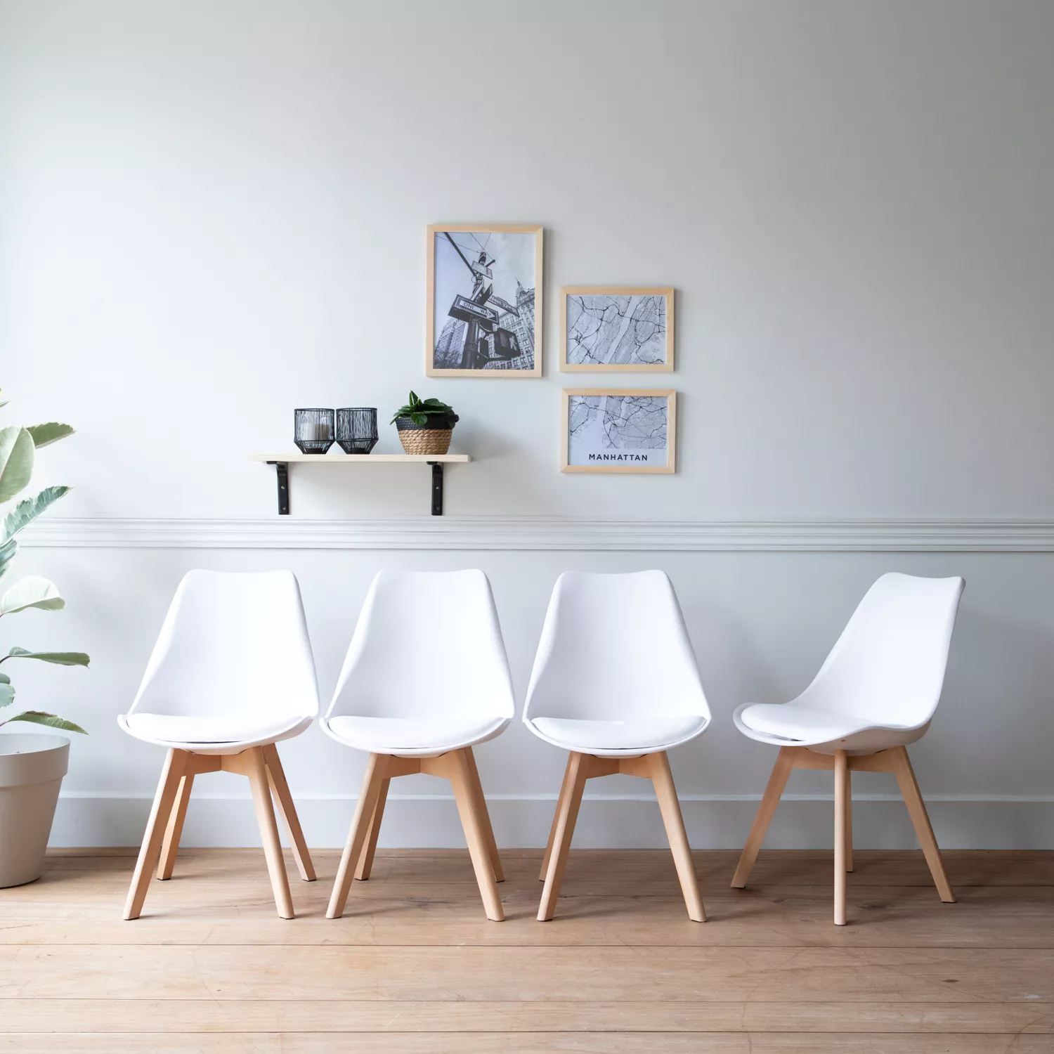 Lot de 4 chaises scandinaves NORA blanches avec coussin