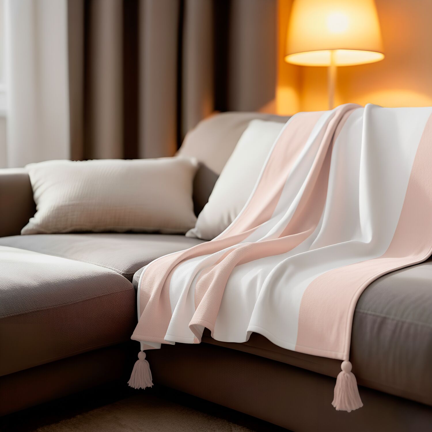 Couverture plaid 100% coton rose pâle avec pompons 130x170cm SLAVANN