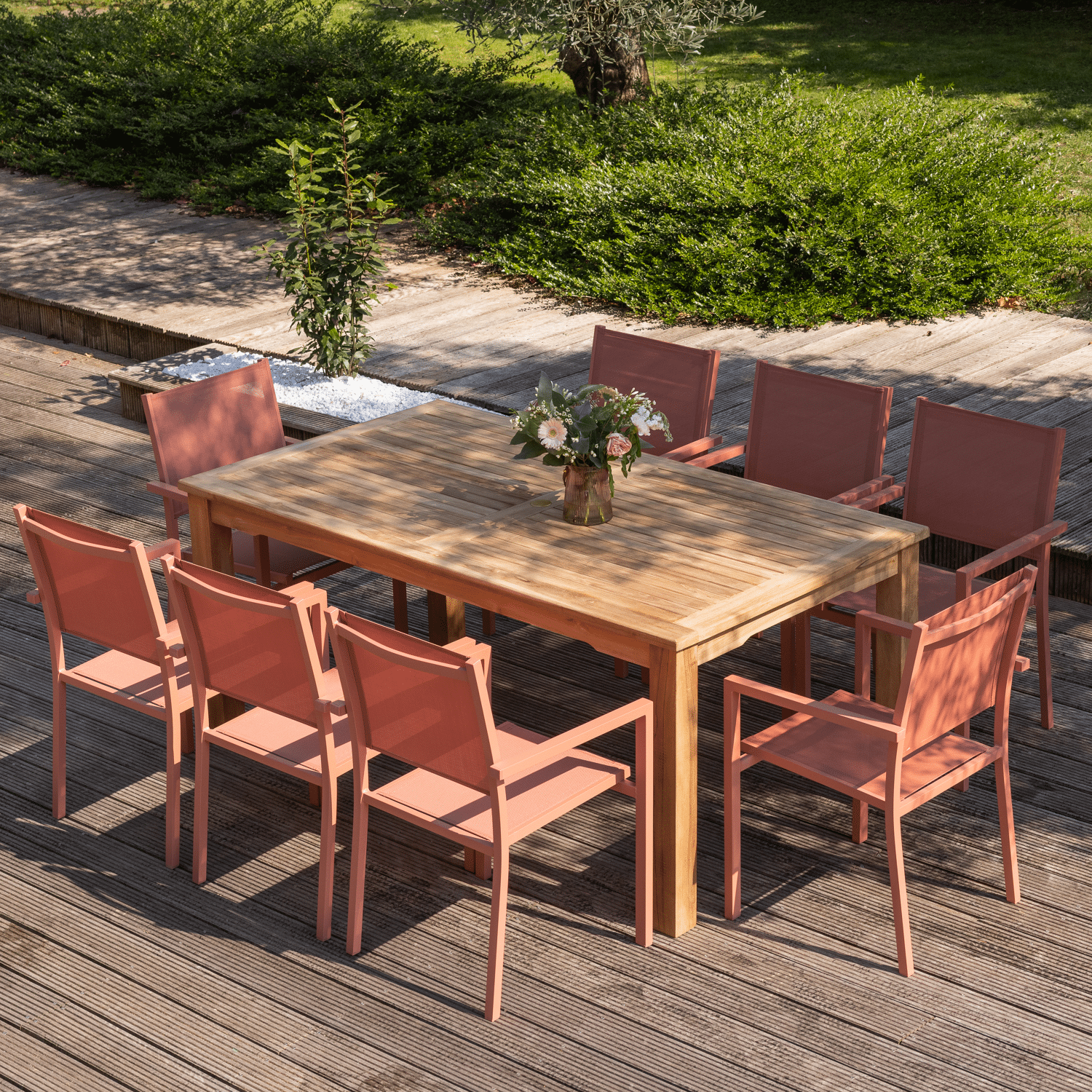 Conjunto de muebles de jardín de teca JAVA con sillas de aluminio terracota - 8 plazas