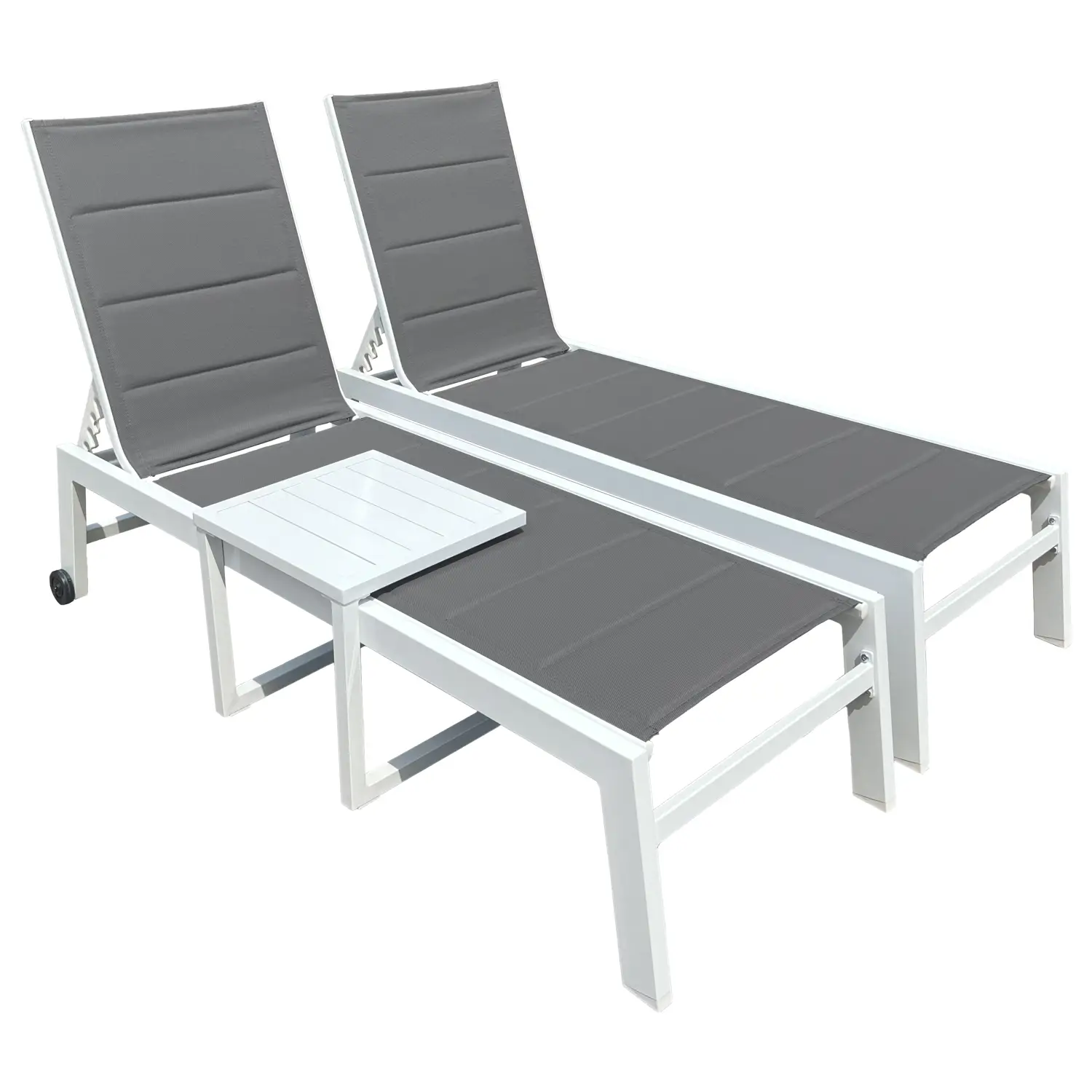 Set 2 bains de soleil et table d'appoint en textilène gris - aluminium blanc