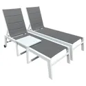 Set 2 bains de soleil et table d'appoint en textilène gris - aluminium blanc