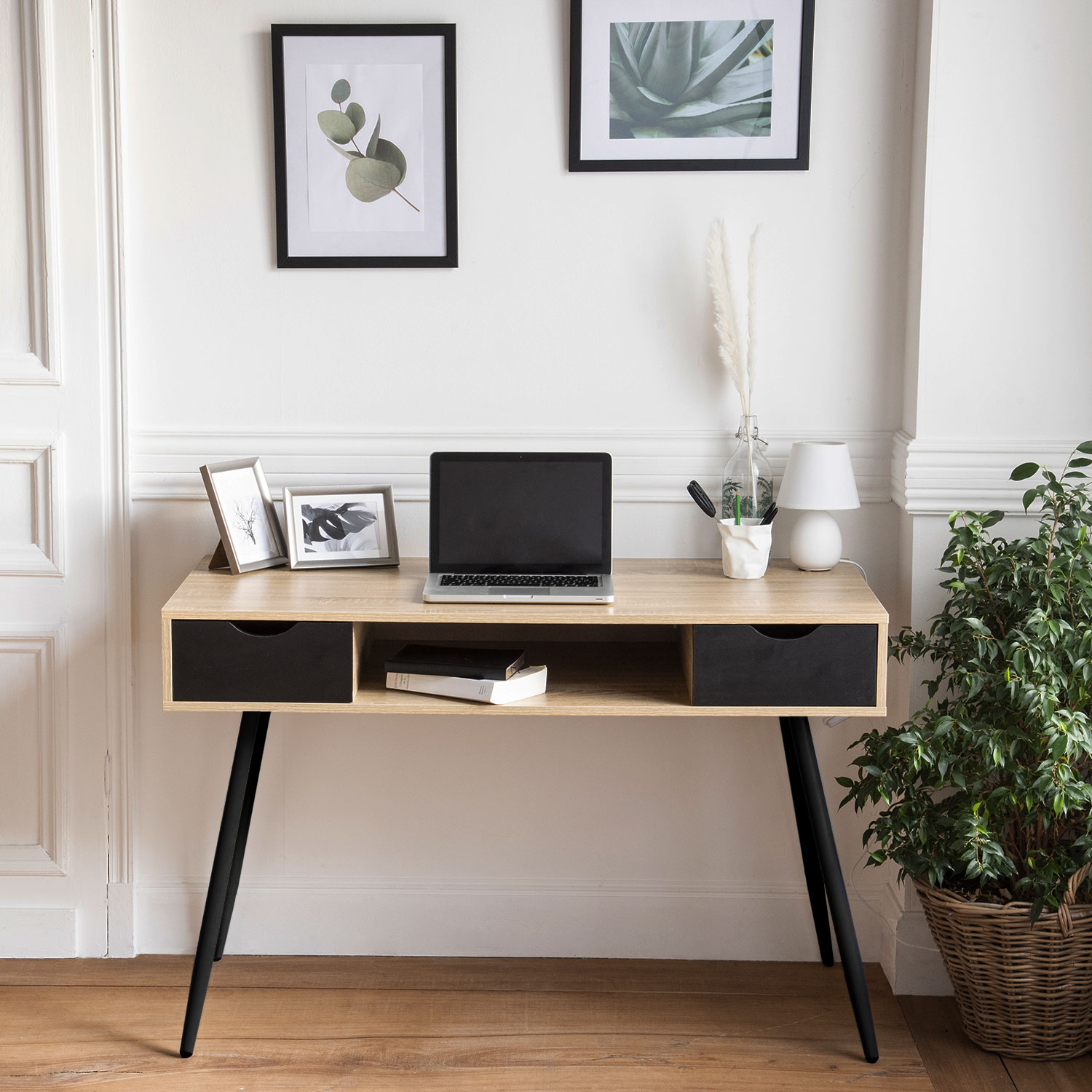 Bureau scandinave bois, tiroirs noirs BJORN