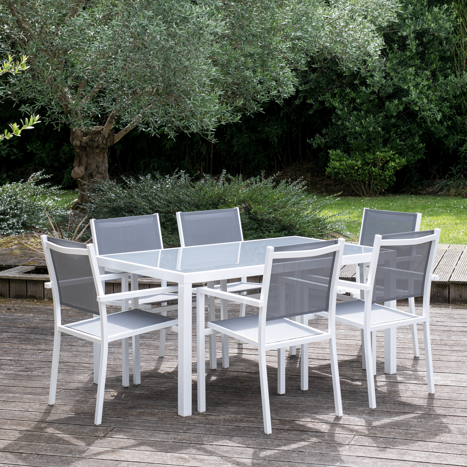 Salon de jardin BERGAMO en textilène gris 6 places - aluminium blanc
