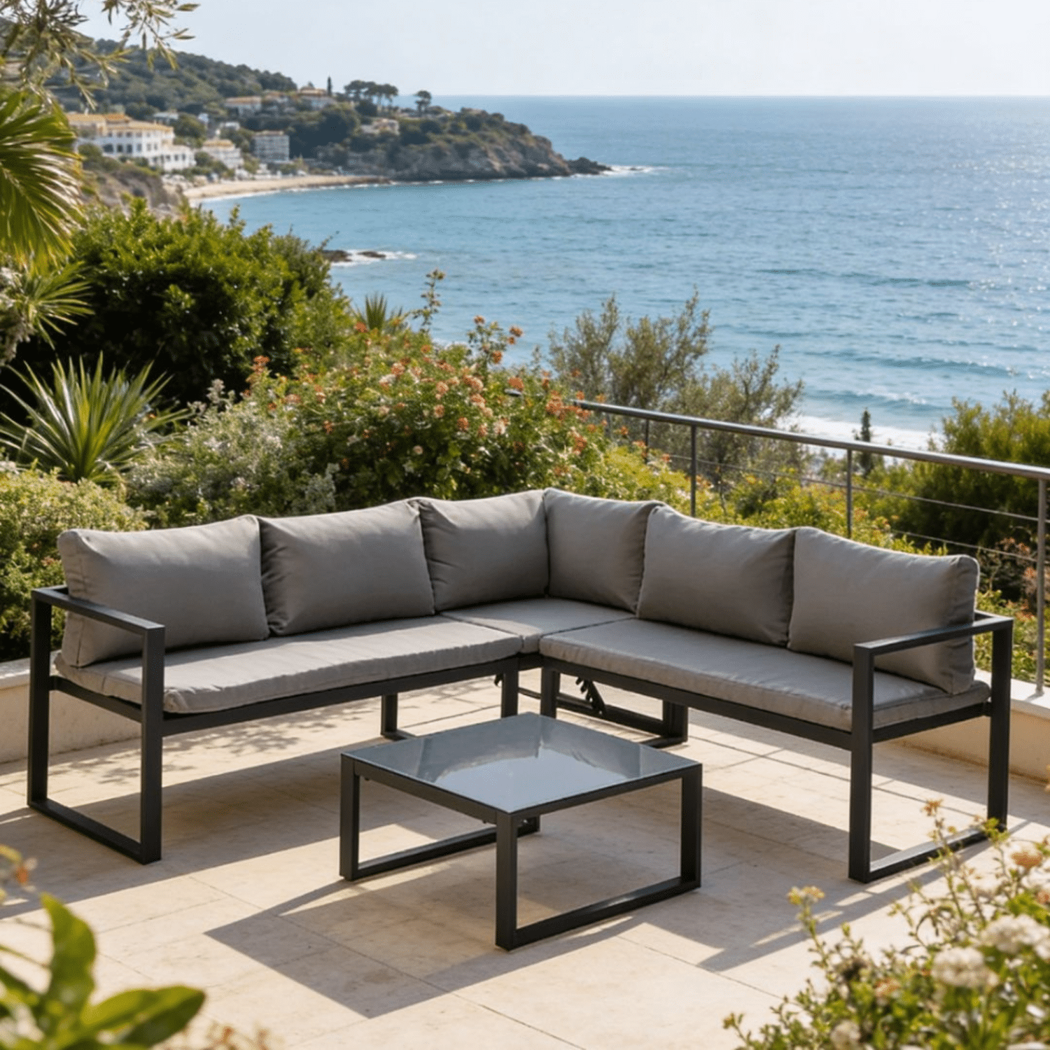 Salon de jardin modulable IBIZA en tissu gris 7 places - aluminium anthracite