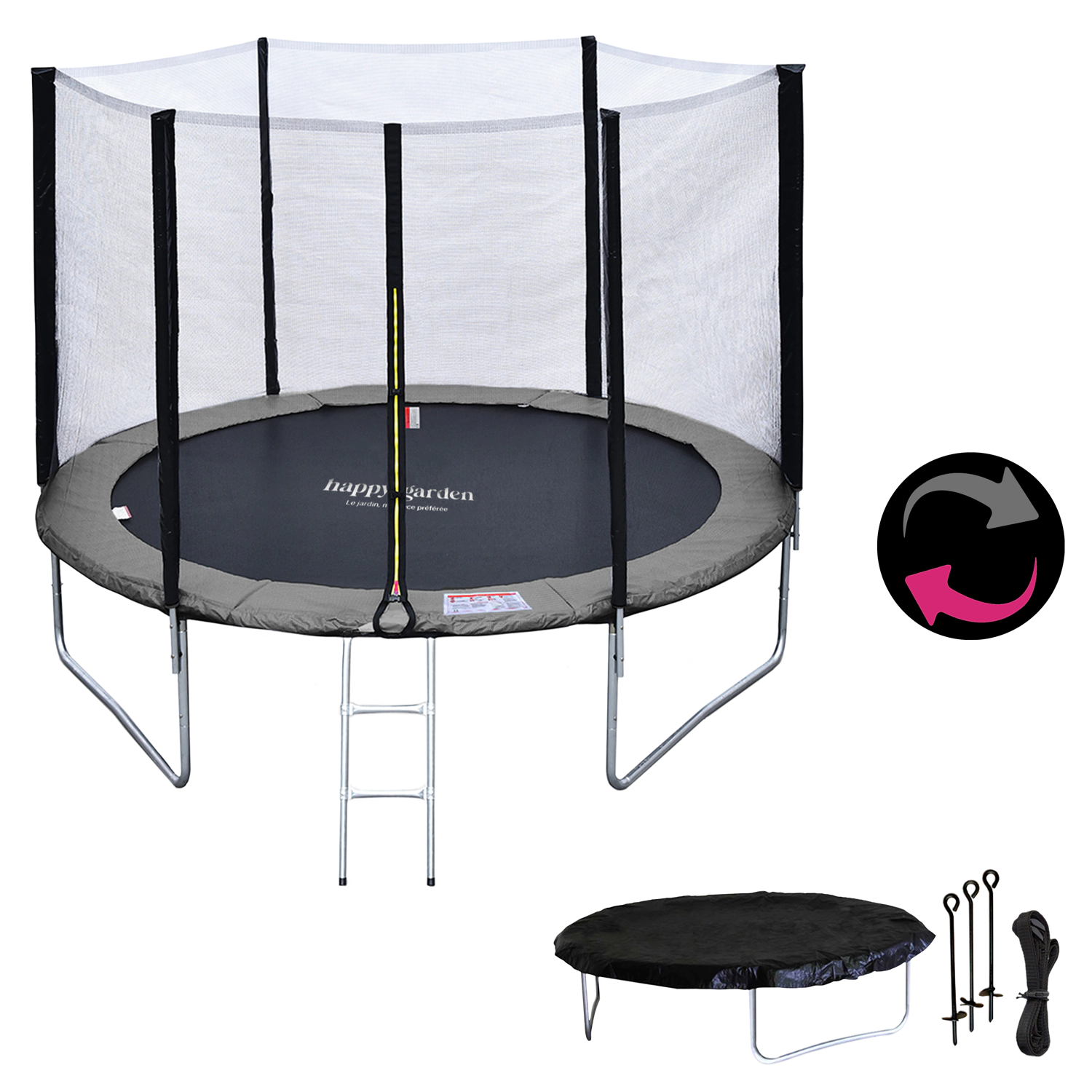 Premium Pack Trampolin 305cm wendbar grau / rosa ADELAÏDE + Netz, Leiter, Plane und Verankerungsset