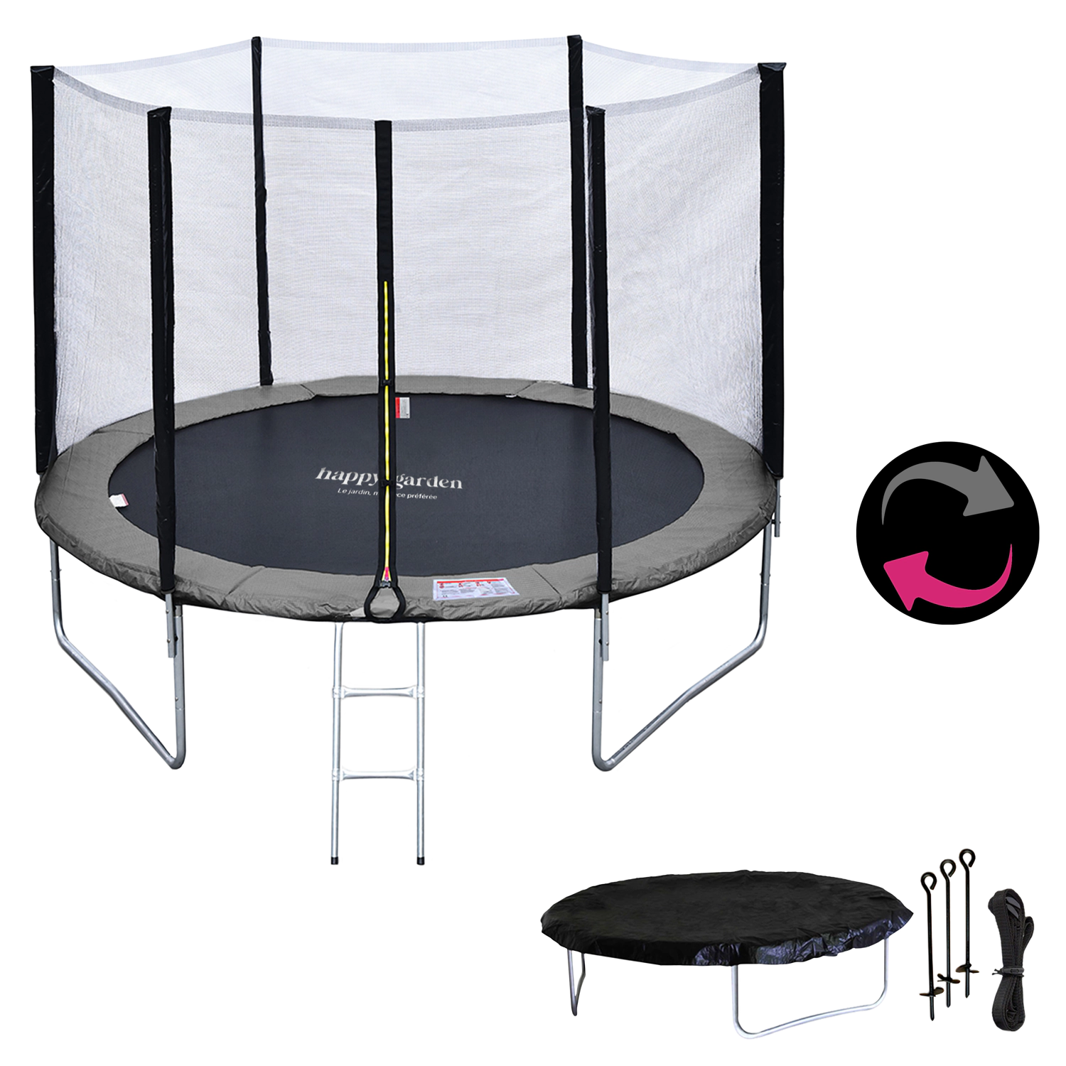 Pack Premium Trampoline 305cm réversible gris / rose ADELAÏDE + filet, échelle, bâche et kit d'ancra