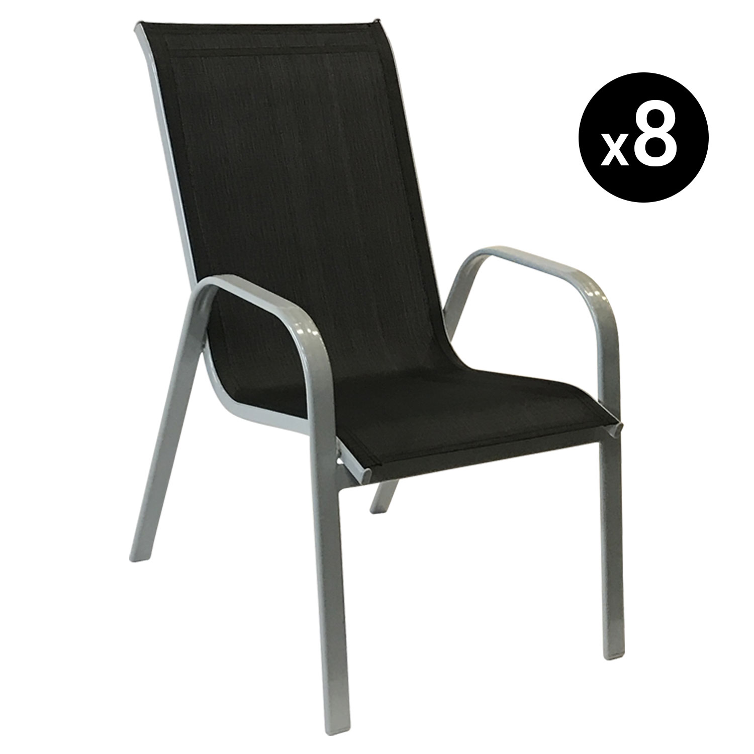 Satz von 8 Stühlen MARBELLA aus schwarzem Textilene - grauem Aluminium