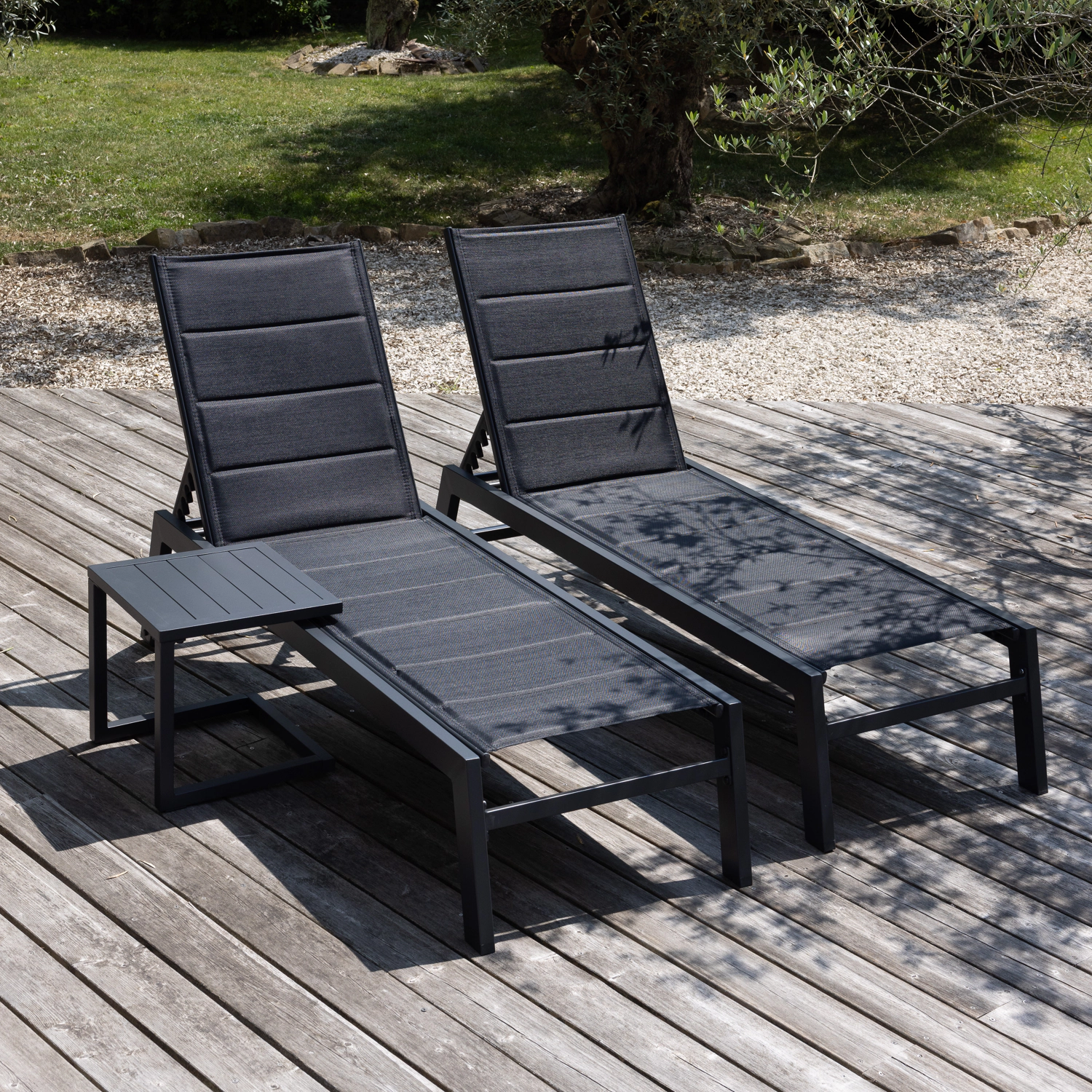 Set van 2 BARBADOS ligstoelen en bijzettafel van zwart textilene - aluminium antracietgrijs