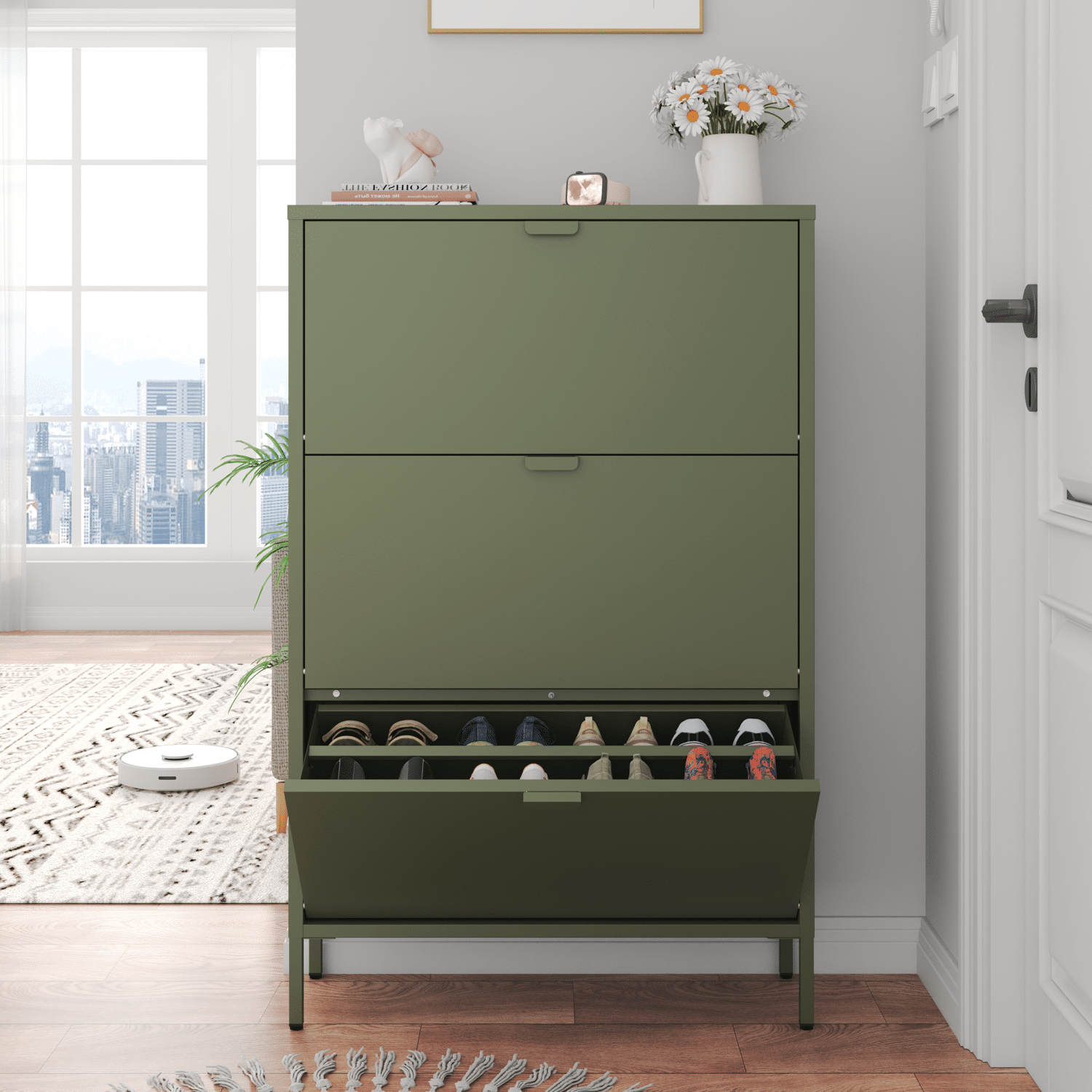 Meuble à chaussures 3 portes en métal vert kaki MARION