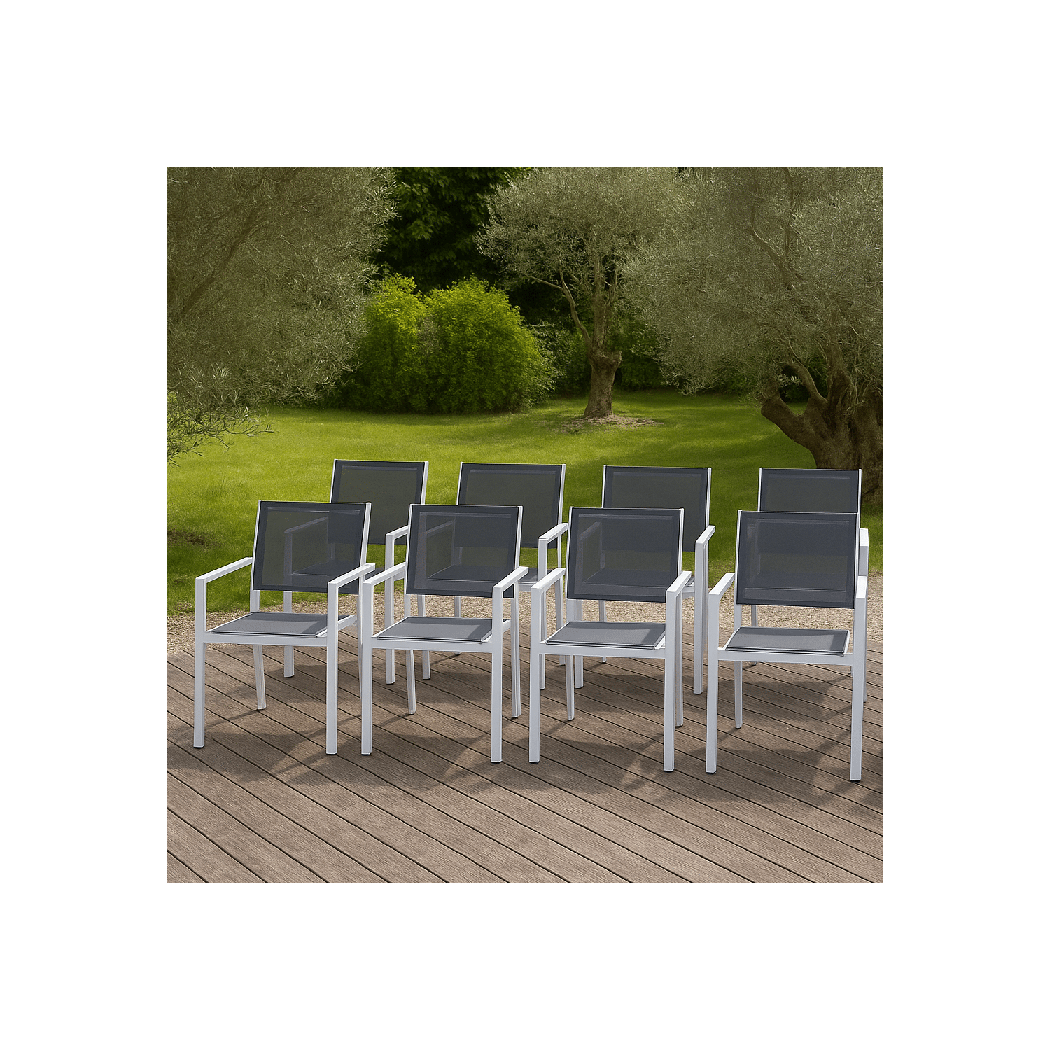 Conjunto de 8 cadeiras estofadas em alumínio branco - textileno cinzento