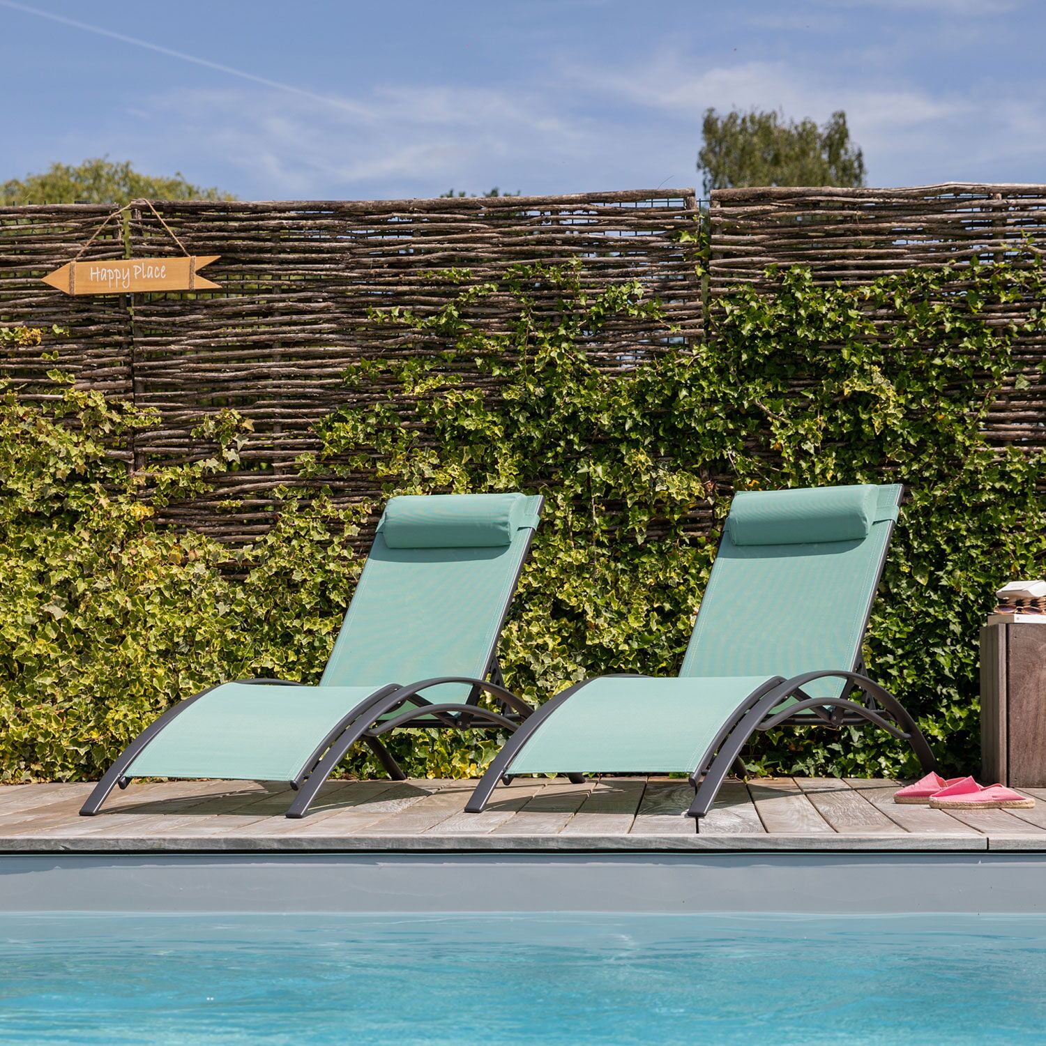 Juego de 2 tumbonas GALAPAGOS de textileno verde agua aluminio gris antracita