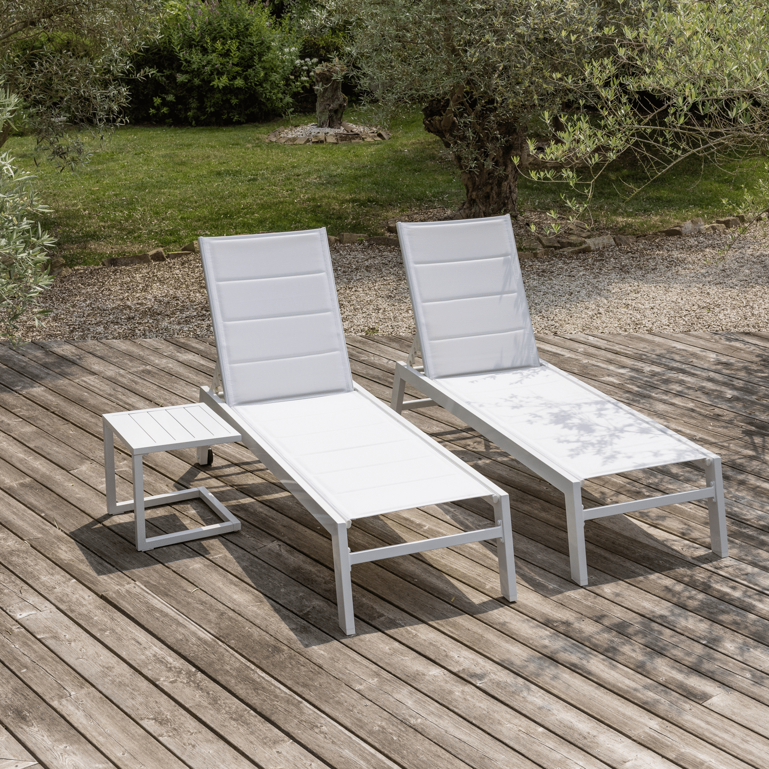 Set van 2 wit BARBADOS ligstoelen en bijzettafel van textilene - wit aluminium