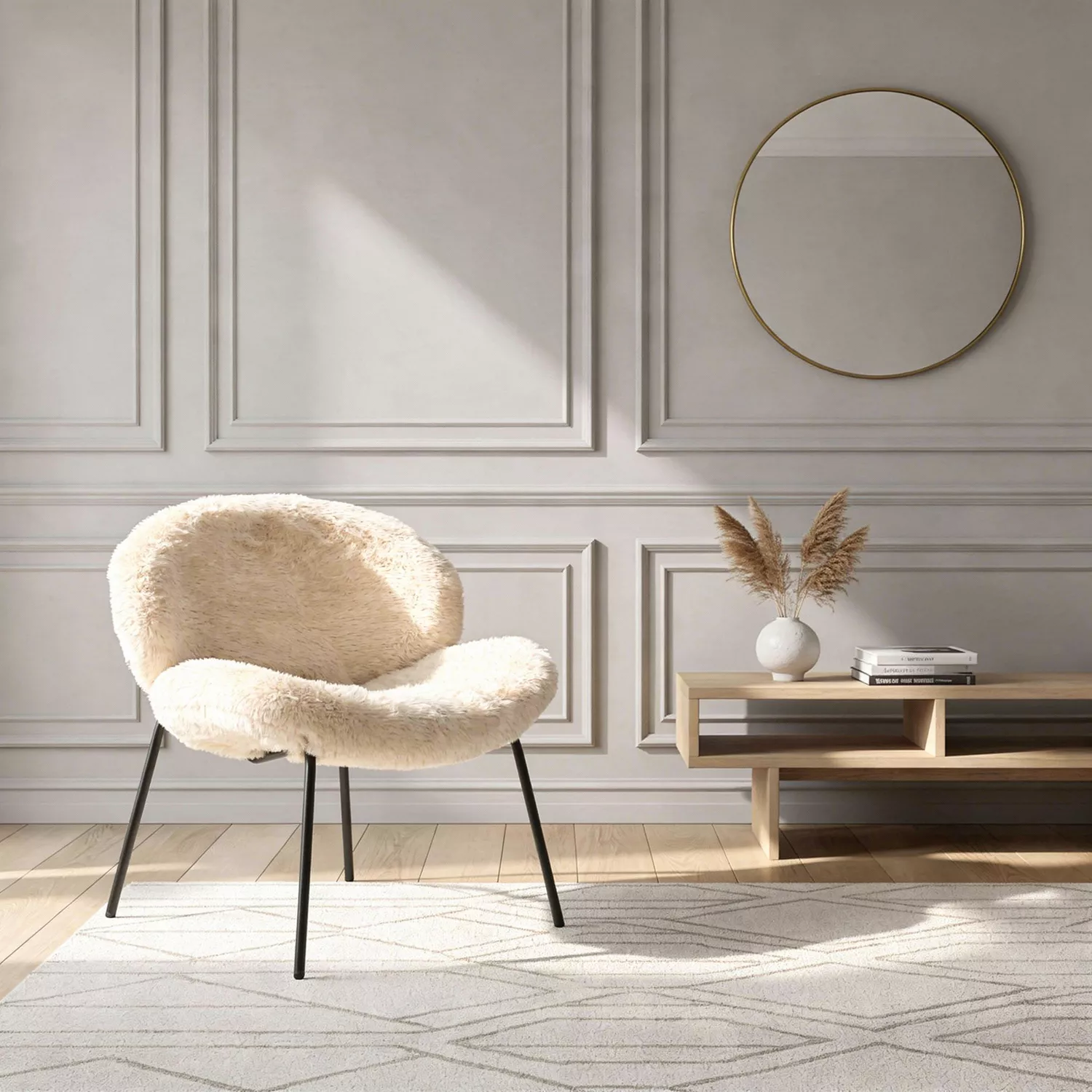 Fauteuil en fausse fourrure beige SACHA