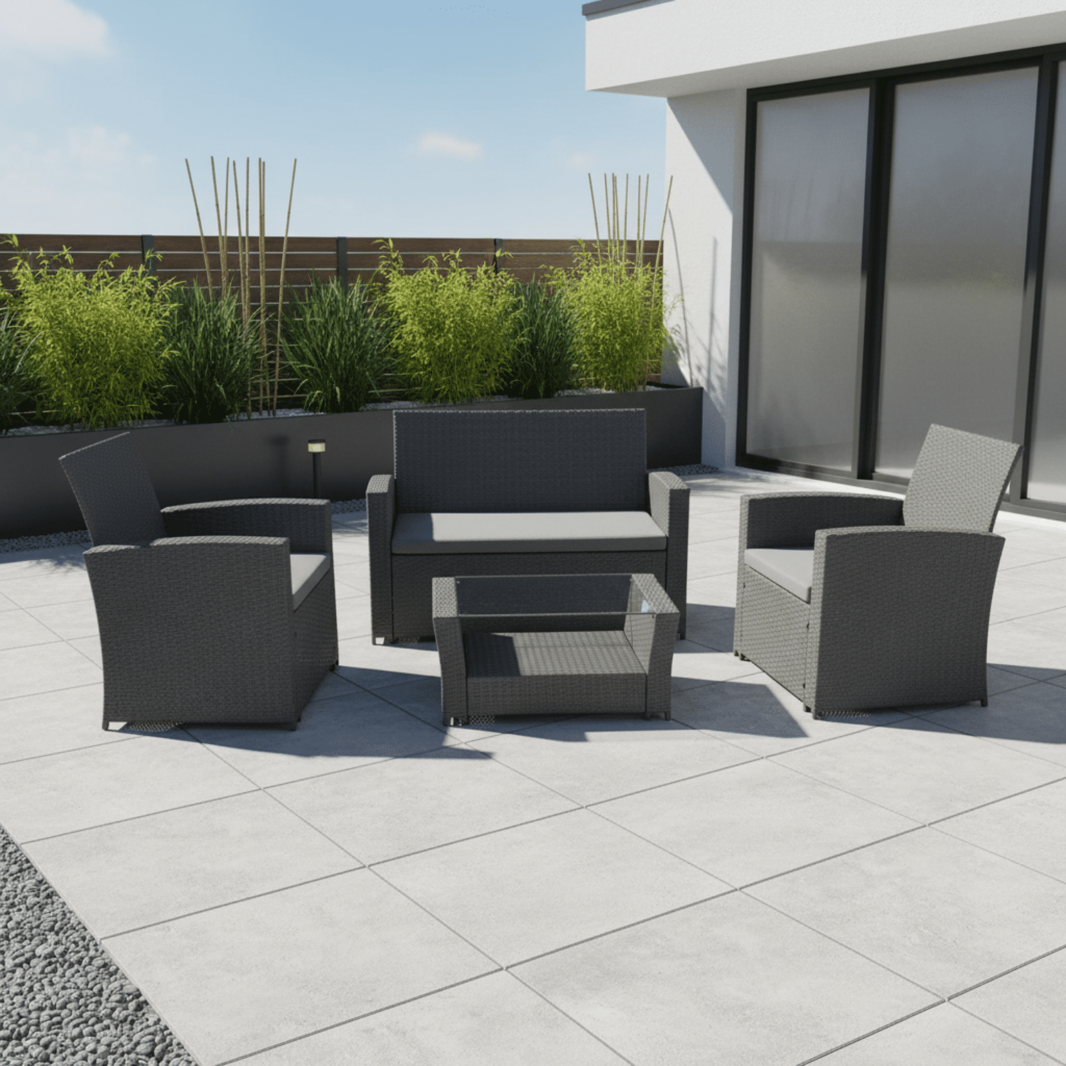 Salon de jardin COMINO en résine tressée grise 4 places - coussins gris