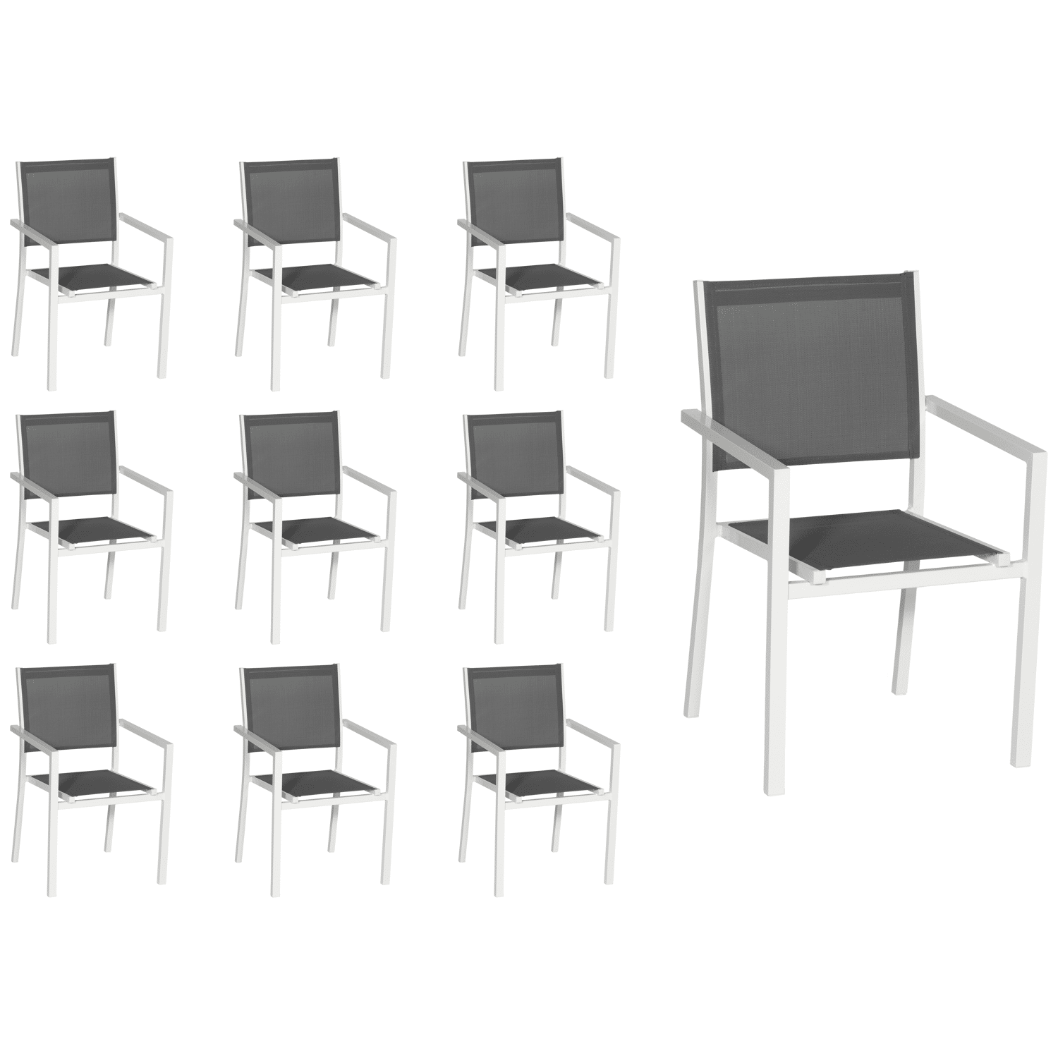 Lot de 10 chaises en aluminium blanc - textilène gris