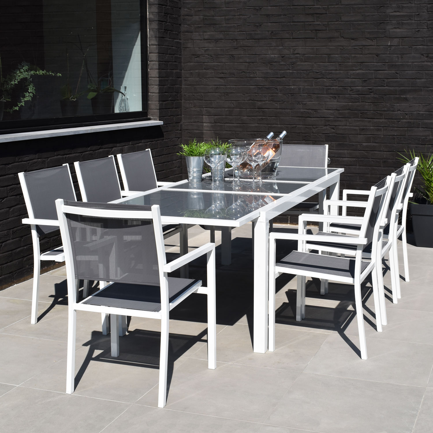 Ausziehbare Gartenmöbel FIRENZE aus grauem Textilene 8-Sitzer - Weißaluminium
